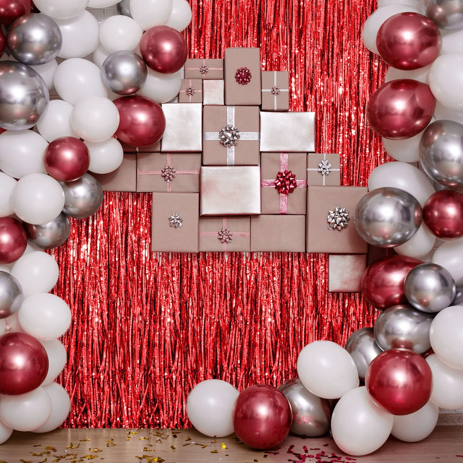 4 PCS Tinsel Foil Fringe Backdrop Curtains Metallic Streamer Red 3.3×8.2 Ft
