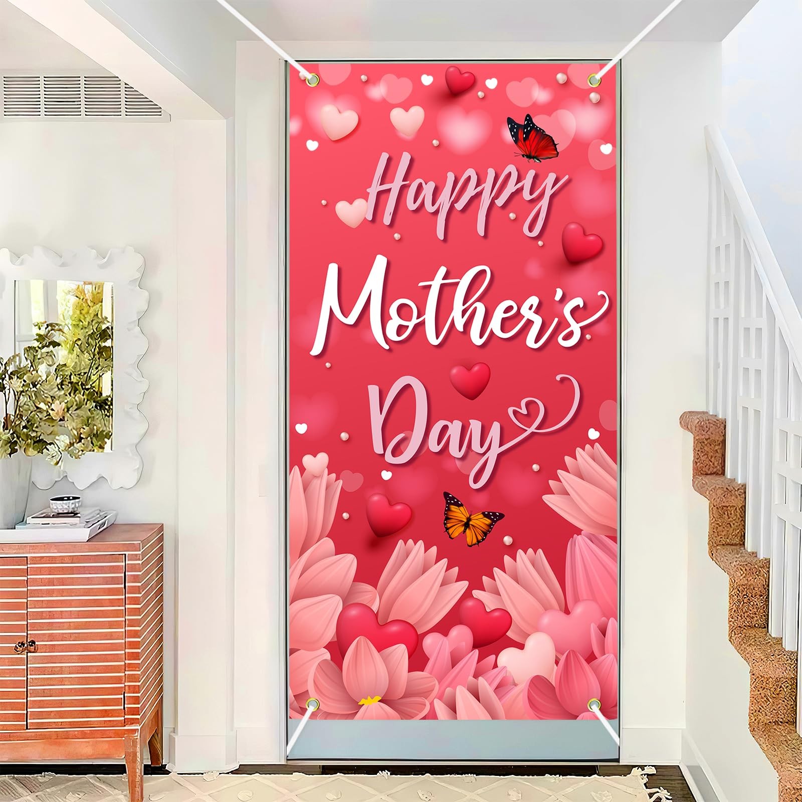 Happy Mother’s Day Door Cover Pink Heart Flowers Mom Gifts for Indoor Decoration