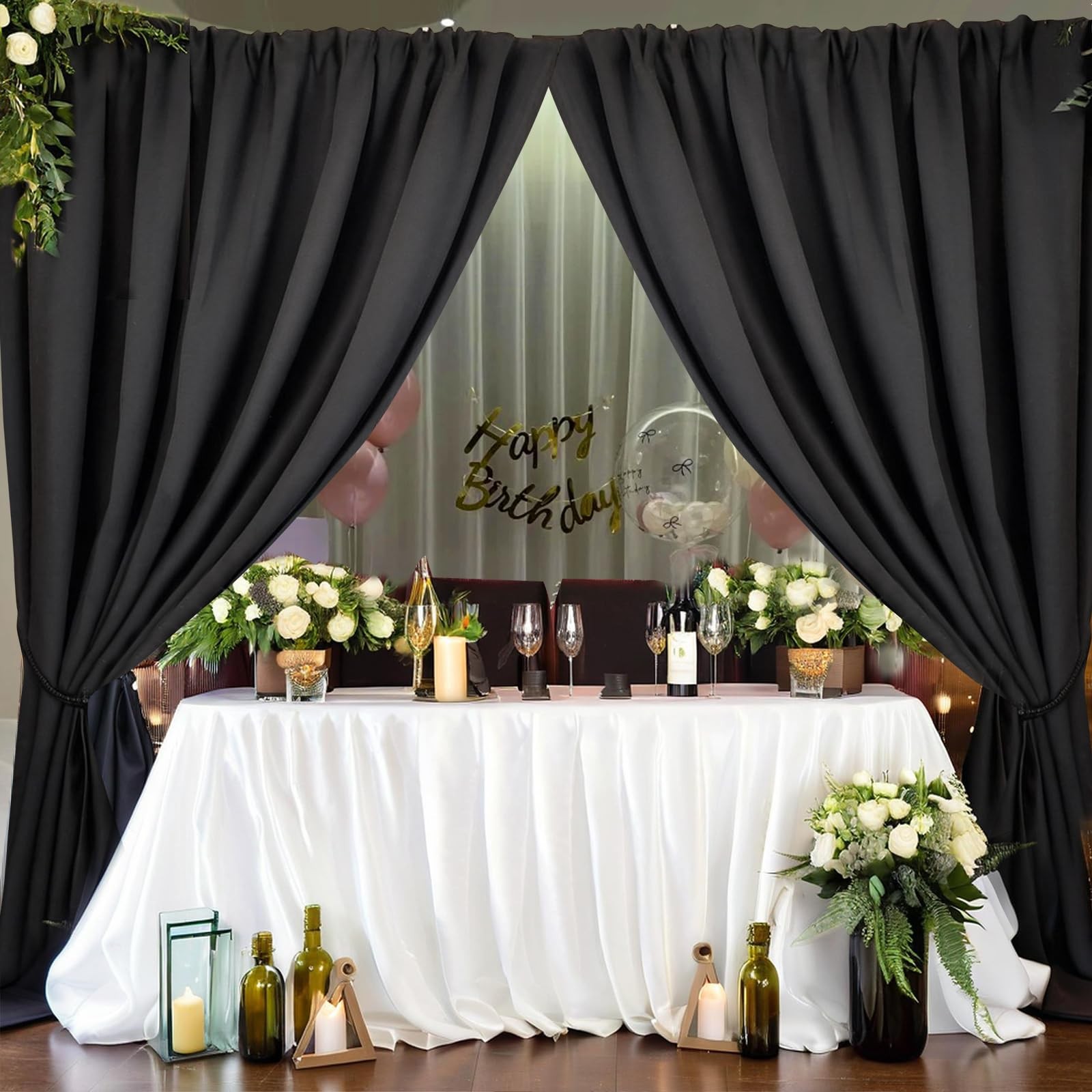 2 Panels 10x10ft Black Backdrop Curtain, Rod Pockets, Wrinkle Free, 5x10ft Each