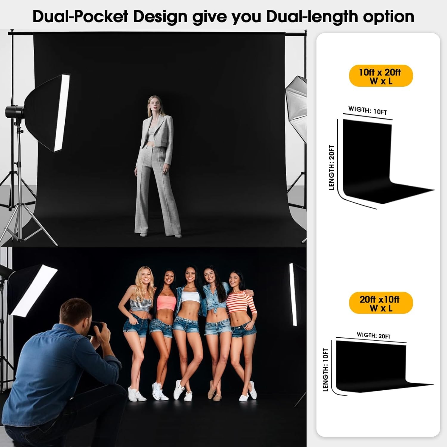 10x20ft Black Backdrop for Photography, Dual-Size Dual-Pocket 10x20ft,