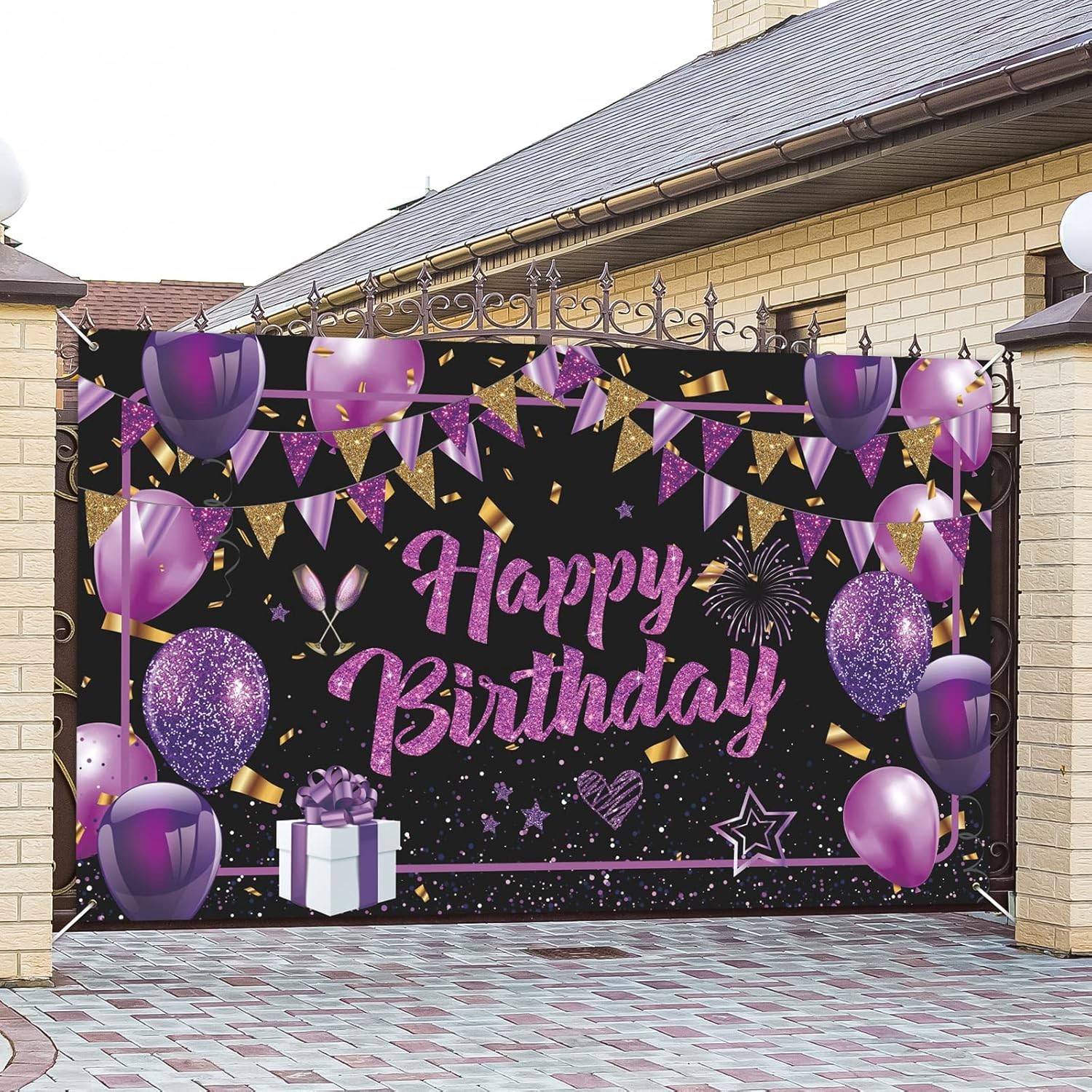 Purple Happy Birthday Banner – Black Gold Party Decorations Large,