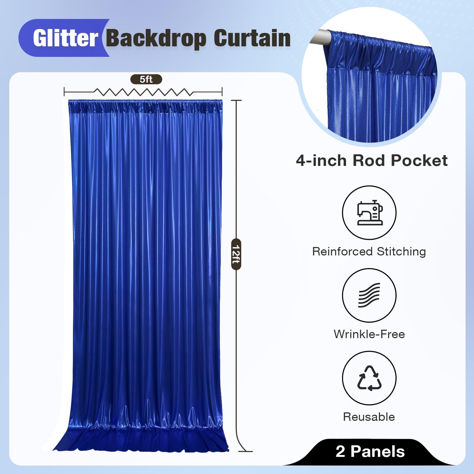 10x12FT Royal Blue Sequin Backdrop Curtain for Party – 2 Panels 5x12FT Wrinkl…