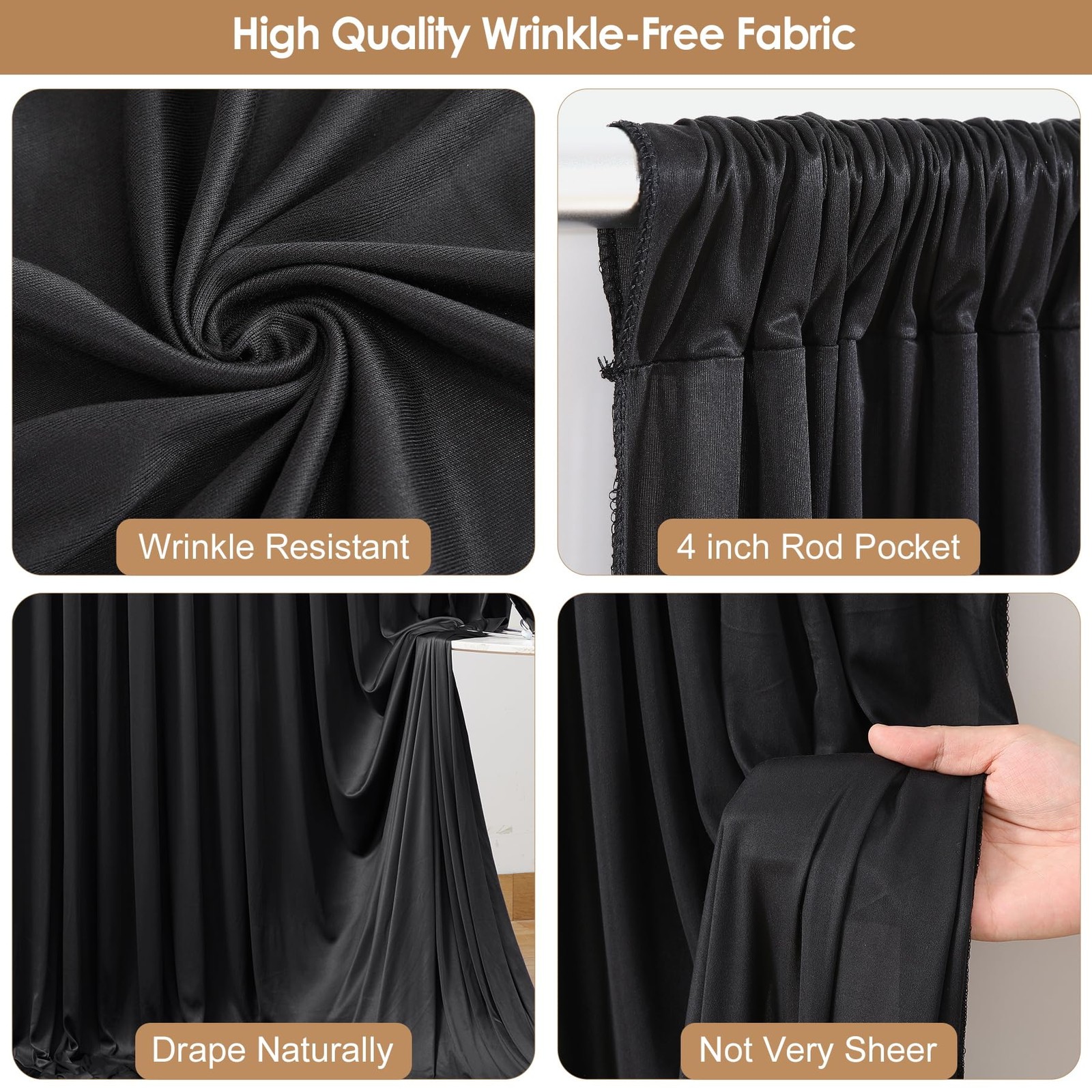 2 PCS 10×10 Ft Black Backdrop Curtains Wrinkle Free Polyester Drapes