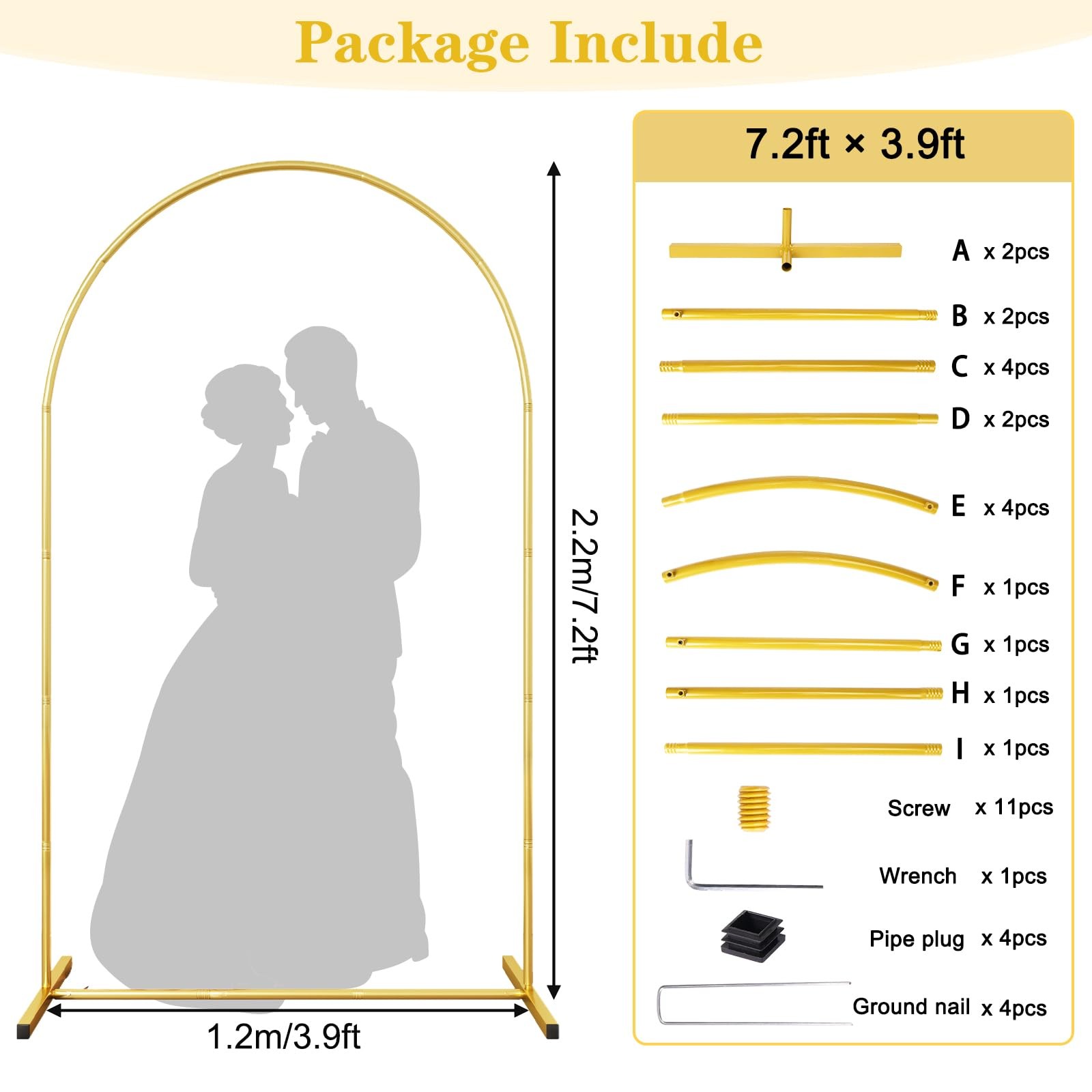 7.2 FT Metal Arch Backdrop Stand, Gold Wedding Arch Frame, Floral Balloon Arc…