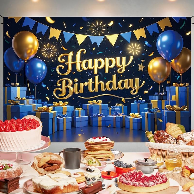 Blue Gold Happy Birthday Backdrop Banner Blue Gold Gift Boxes Photography Bac…