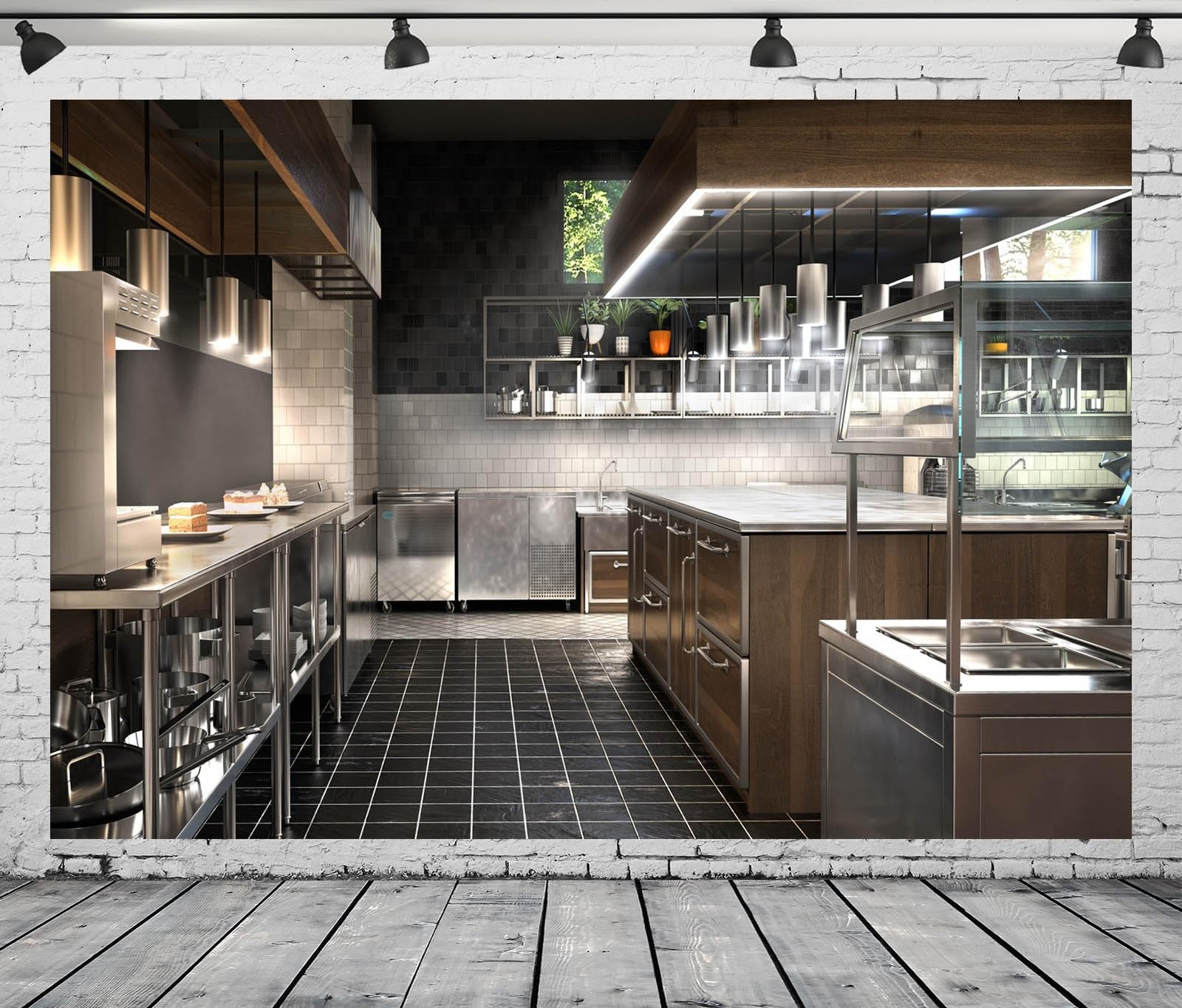 5x3ft Fabric Kitchen Interior Backdrop Luxury Bright Modern Restaurant Cooking