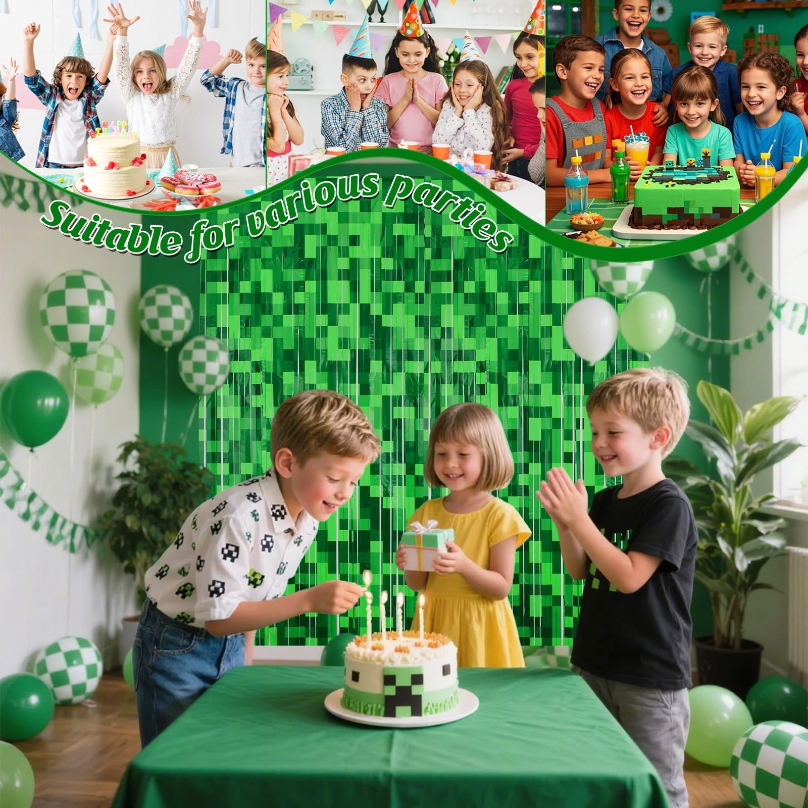 2 Pcs Green Pixel Miner Foil Fringe Curtains