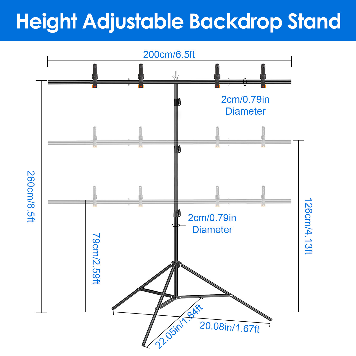 T-Shape Portable Backdrop Stand, Adjustable Photo Stand w/ 6 Spring Clamp