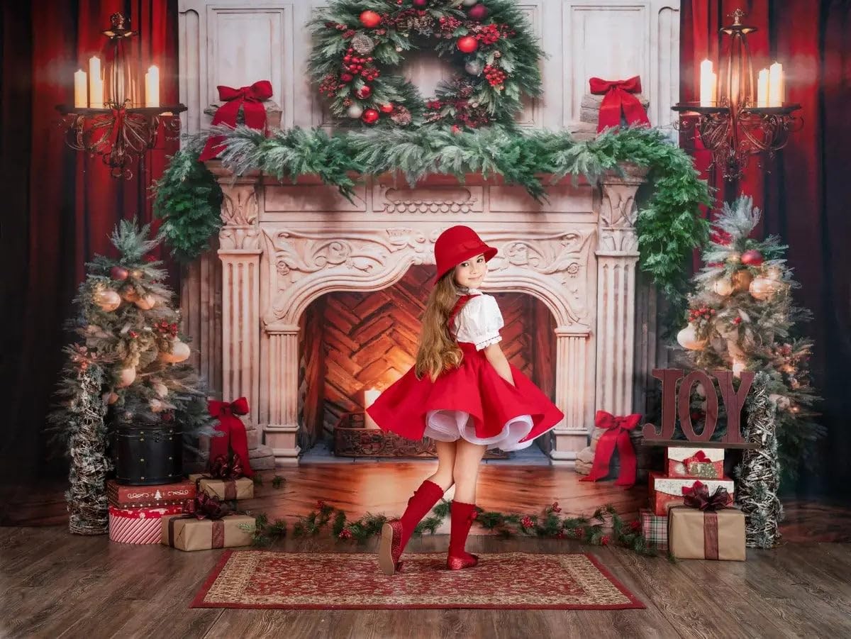 Christmas Fireplace Xmas Tree Wreath Candlelight Photography Backdrop 7x5ft