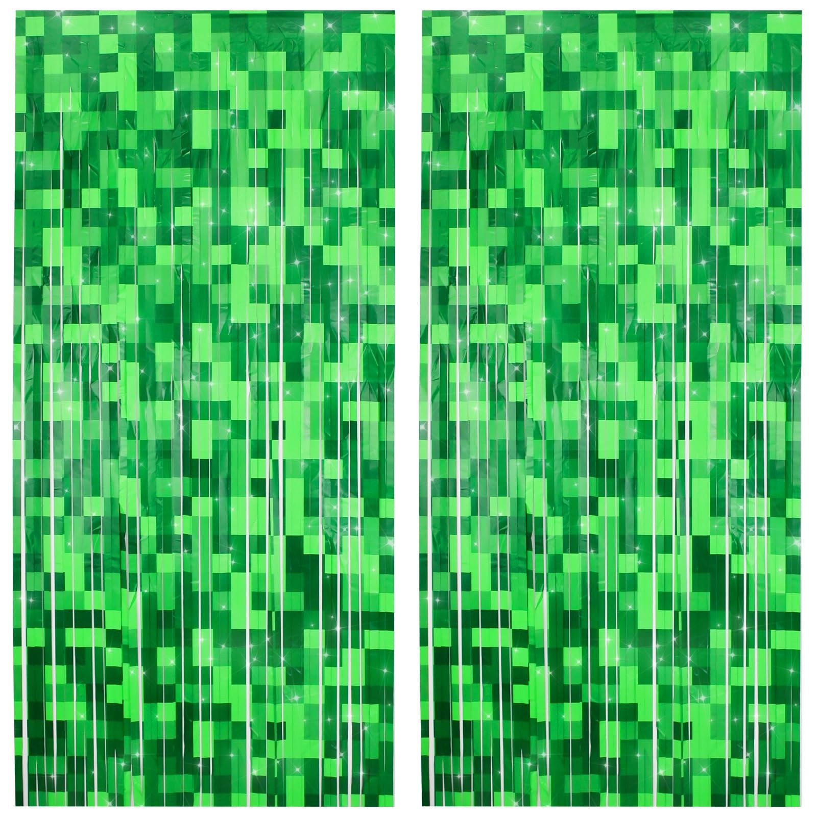 2 Pcs Green Pixel Miner Foil Fringe Curtains