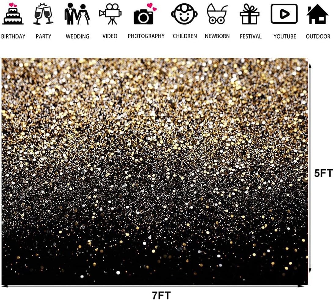 7x5ft Black Gold Glitter Backdrop Birthday Party, New Year Wedding Photo Booth