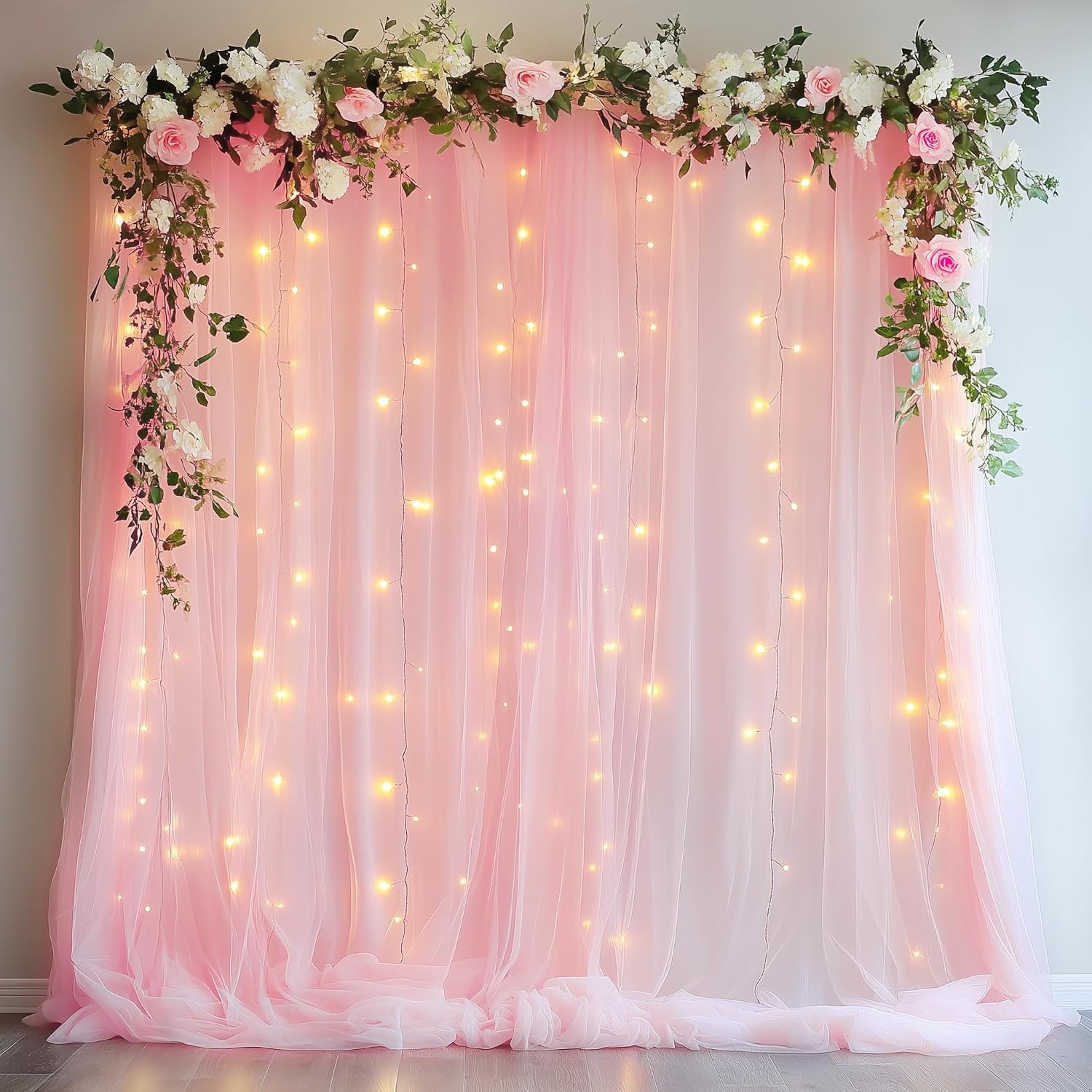 Tulle Backdrop Curtain W/ Lights String 10FT X 10FT Ivory Sheer Tulle Backdrop