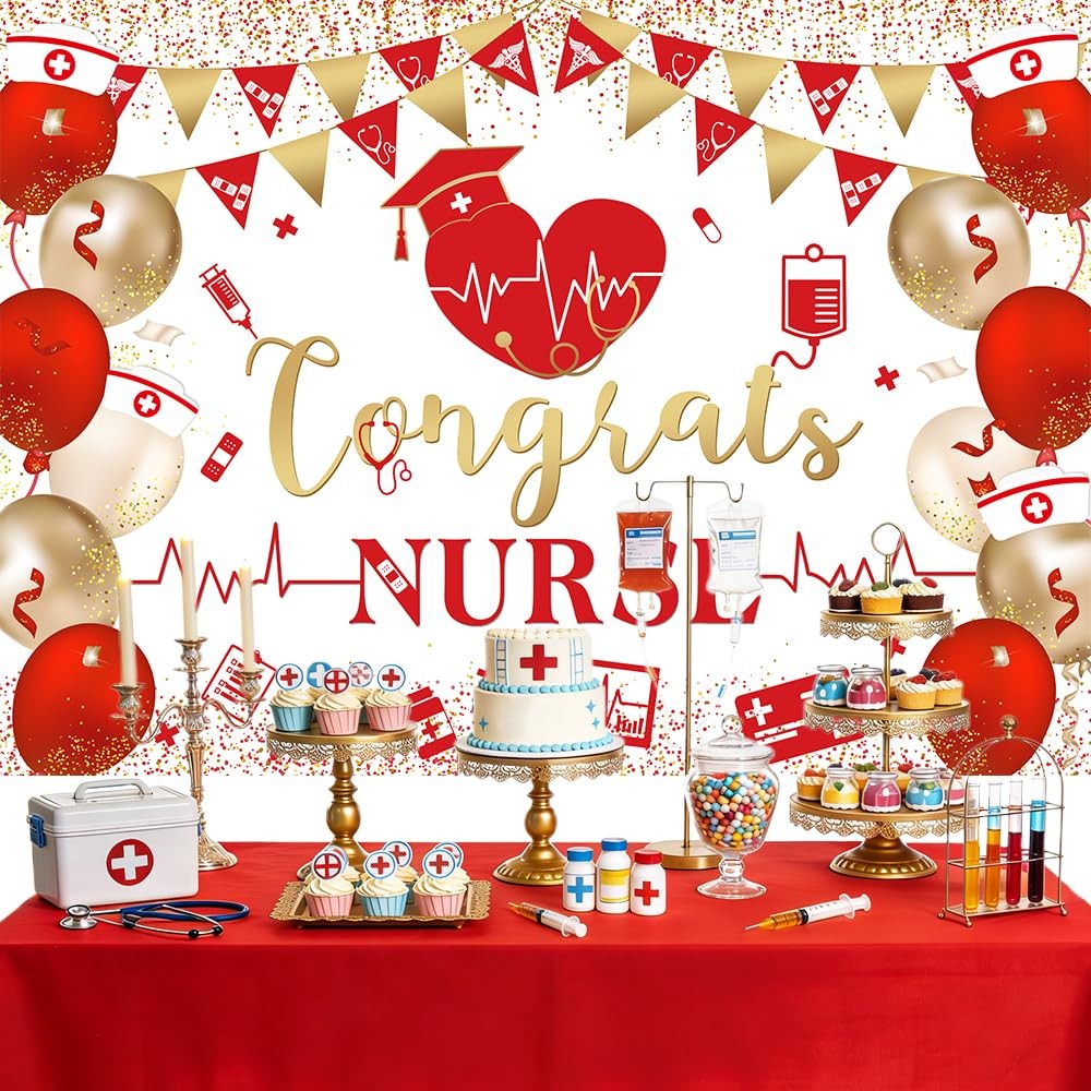 7x5ft Congrats Nurse Backdrop Red Gold Nurse Graduation Photography Background C