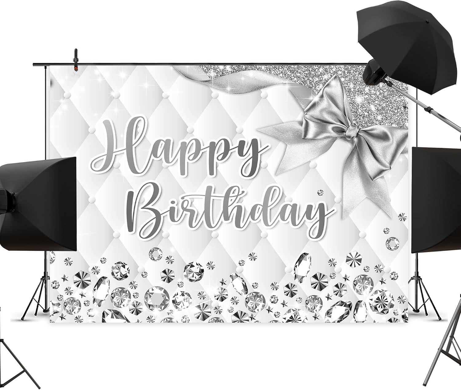 White and Silver Birthday Backdrop 7Wx5H Photography Happy Birthday Backdrop …