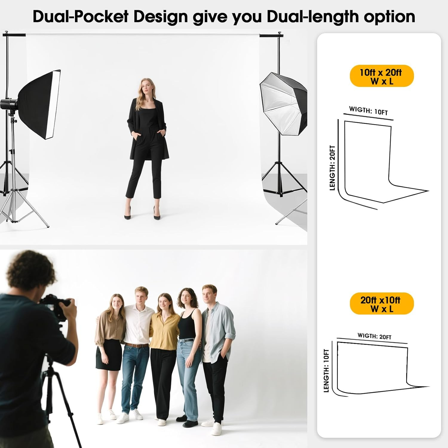 10x20ft White Backdrop for Photography, Dual-Size Dual-Pocket Design Photo Booth