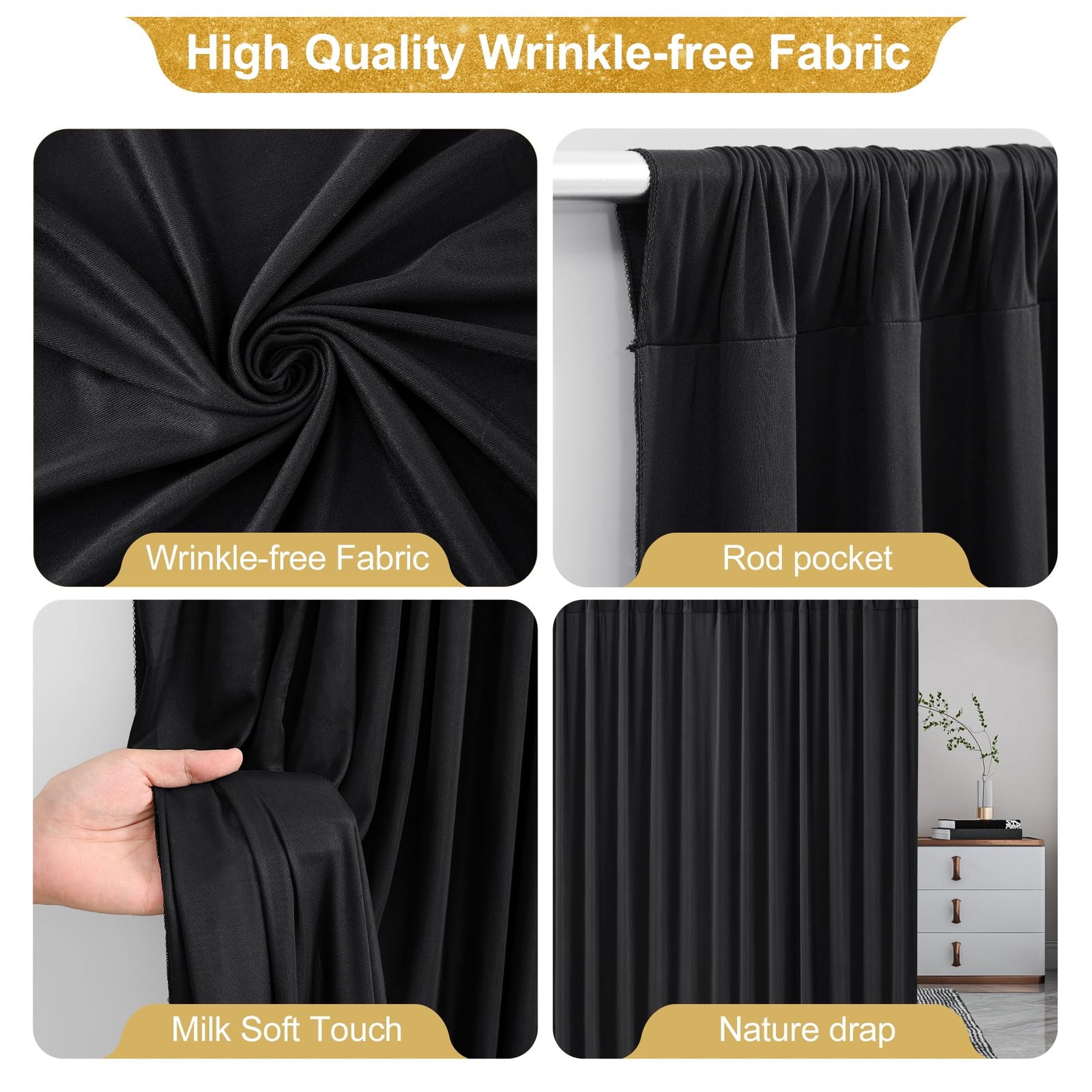 4 PCS 4x10ft Black Backdrop Curtains Polyester Wrinkle Free Photo Stand
