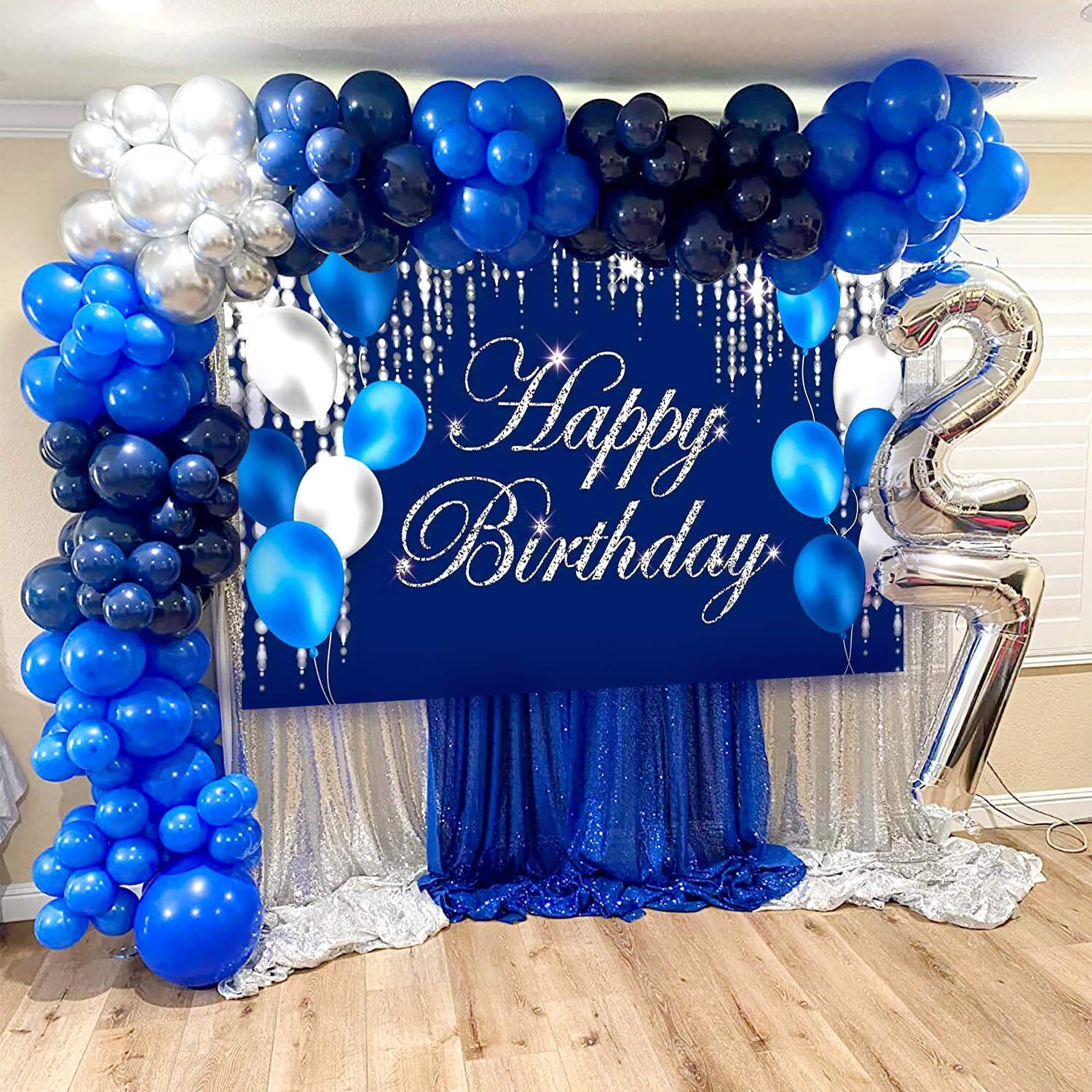 Blue and Silver Happy Birthday Backdrop Banner Sign Photo Background Party Decor