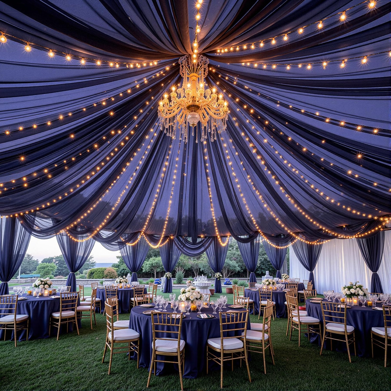 Navy Blue 60″W x 360″L (Pack of 6), Ceiling Drapes + Lights String