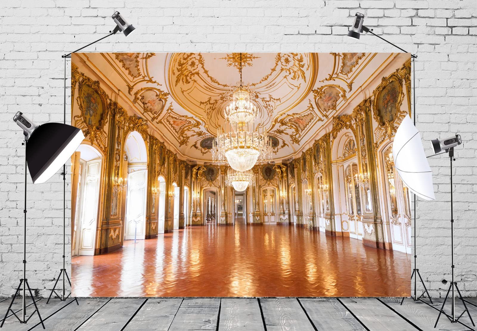 Luxurious 10x8ft Palace Backdrop for Photography – Golden Chandelier Hall Decor,