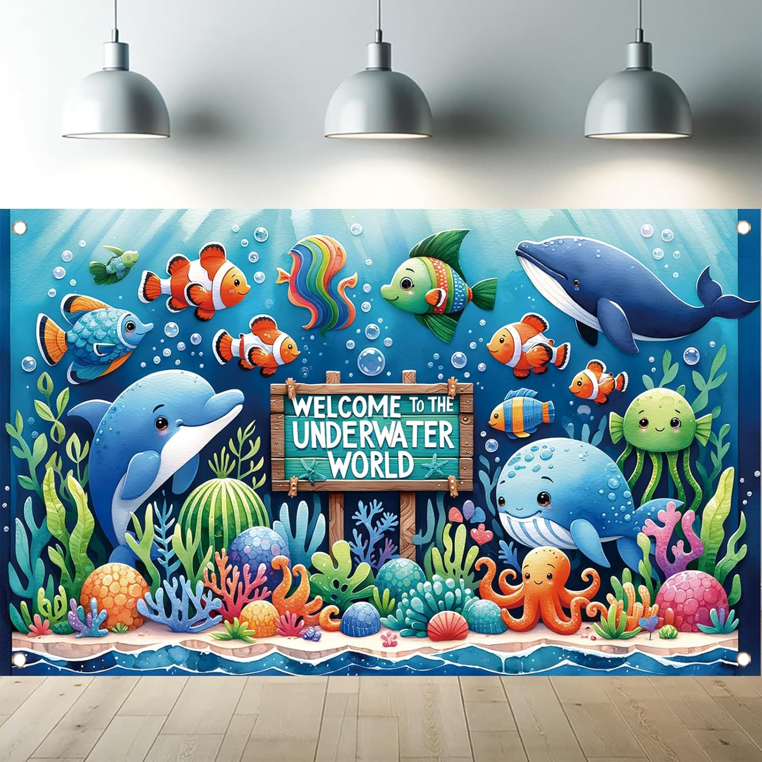 Underwater World Backdrop Banner Ocean Party Decoration Cute Sea Animal Banner f