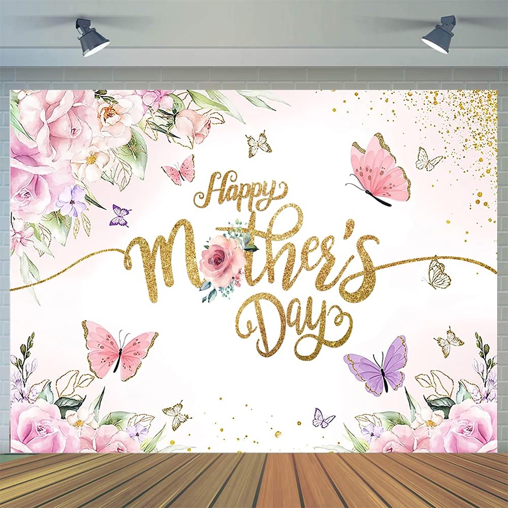 7x5ft Happy Mother’s Day Backdrop Floral Golden Dots Mother’s Day Birthday Phot.