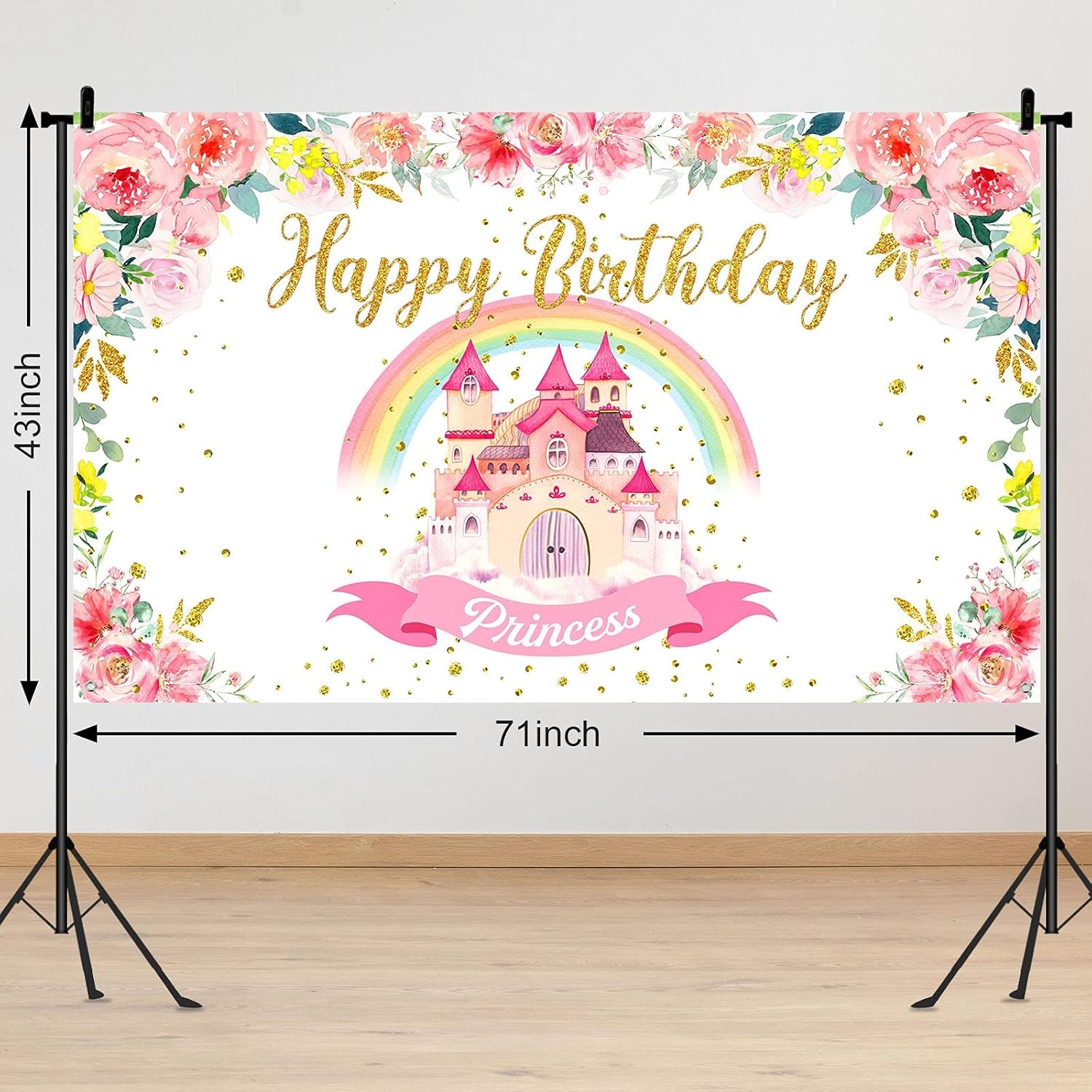 Tegeme Princess Birthday Party Backdrop Pink Royal Castle Large, Pink,Rainbow