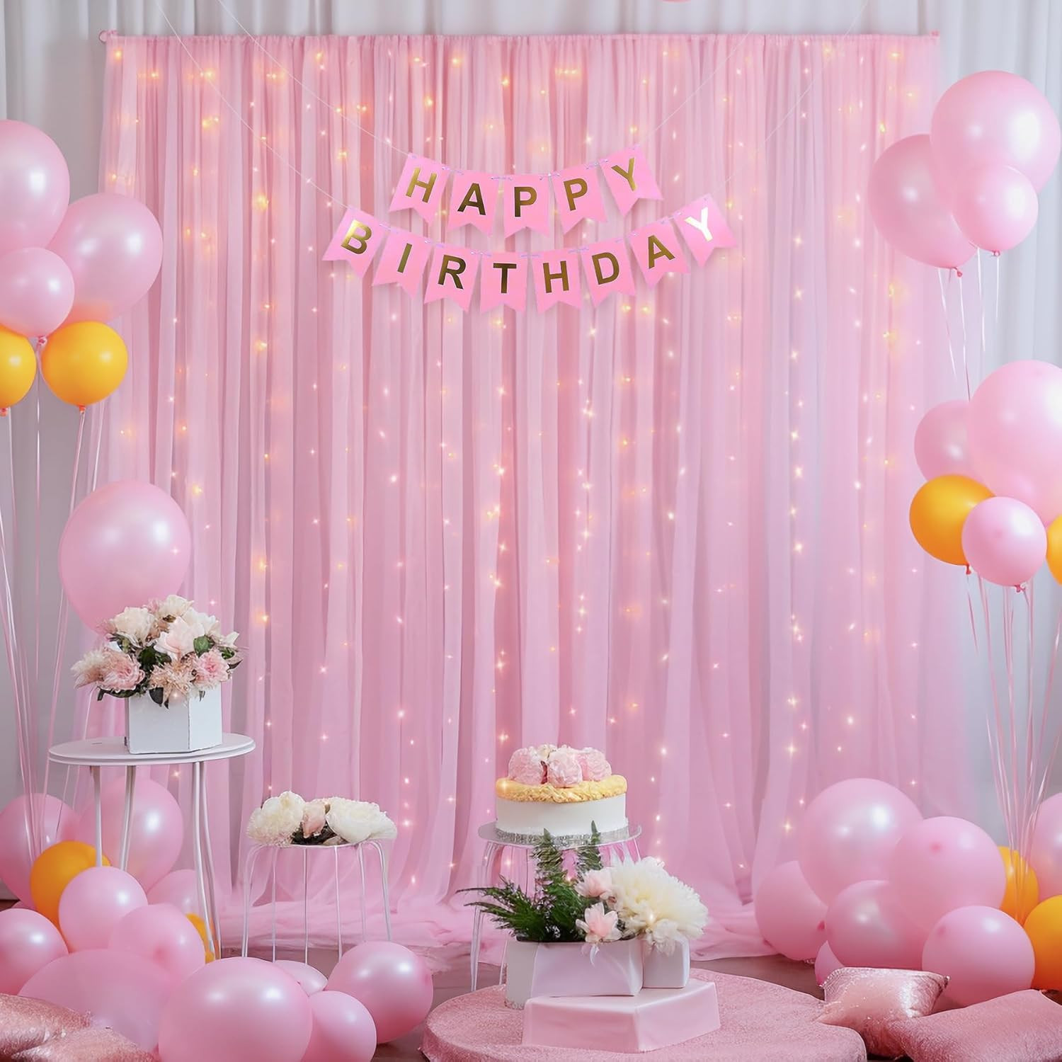 10X10Ft Pink Tulle Backdrop Curtain with Lights String for Parites, Sheer Backdr