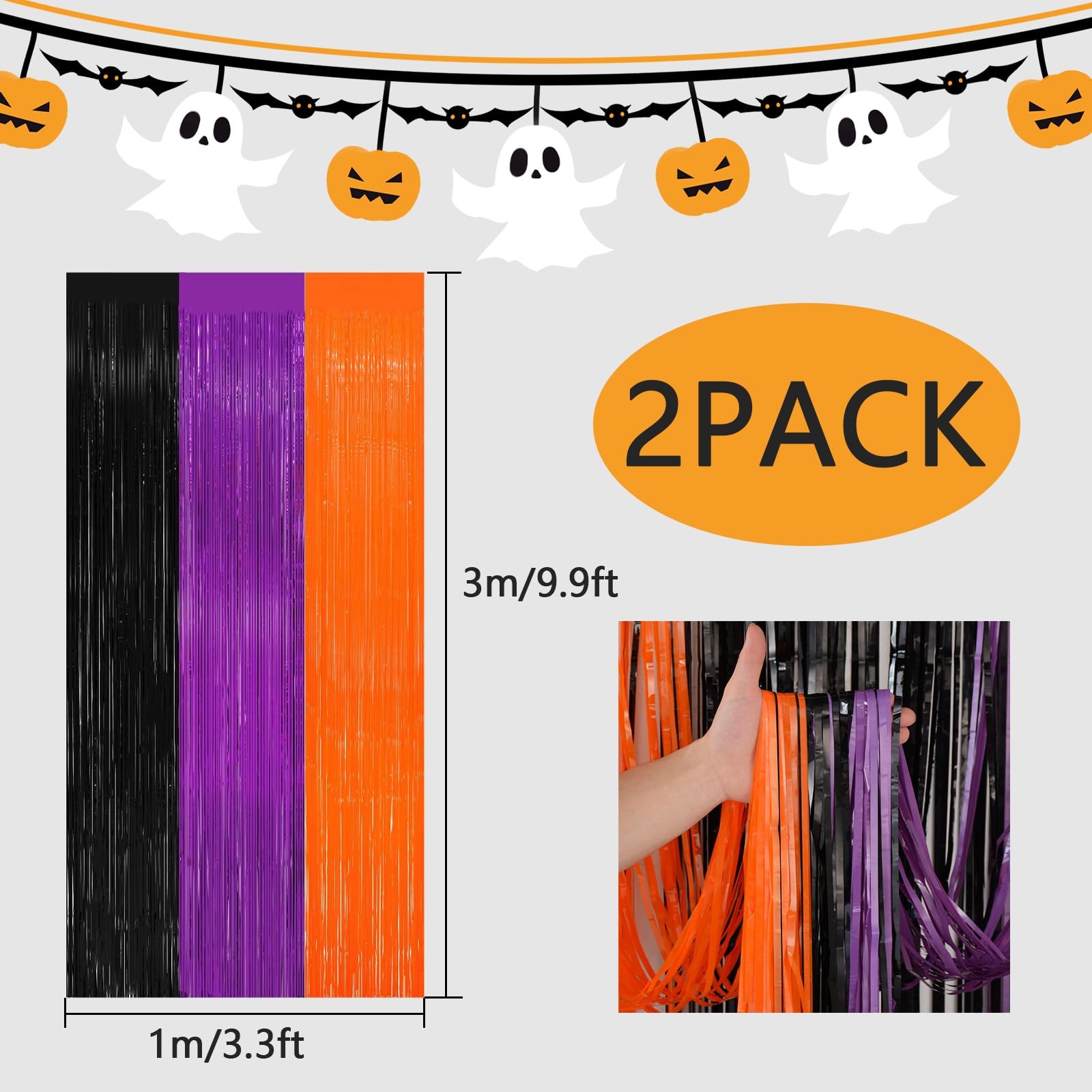 2 Pack Orange Purple Black Halloween Party Decor Foil Fringe Backdrop Curtains