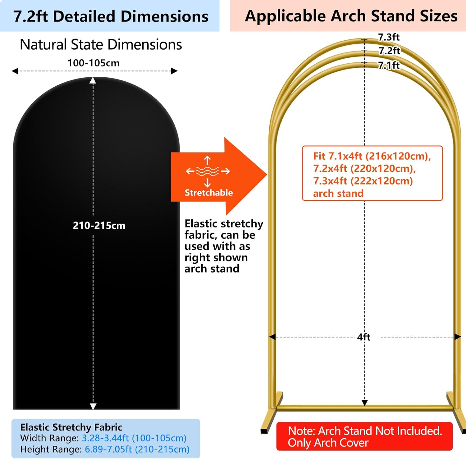 7.2 Ft Black Arch Backdrop Cover (No Arch Stand), Double-Sided Spandex Arch Cove