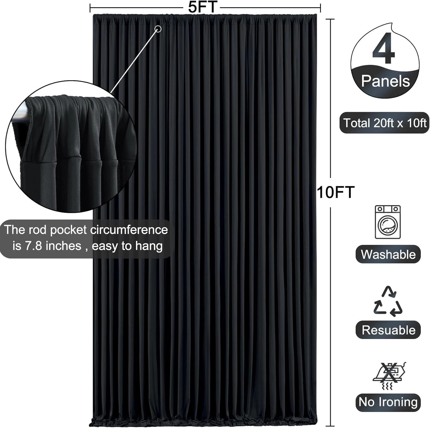 Black Backdrop Curtain 4 Panels 20ft x 10ft for Parties Weddings Photography