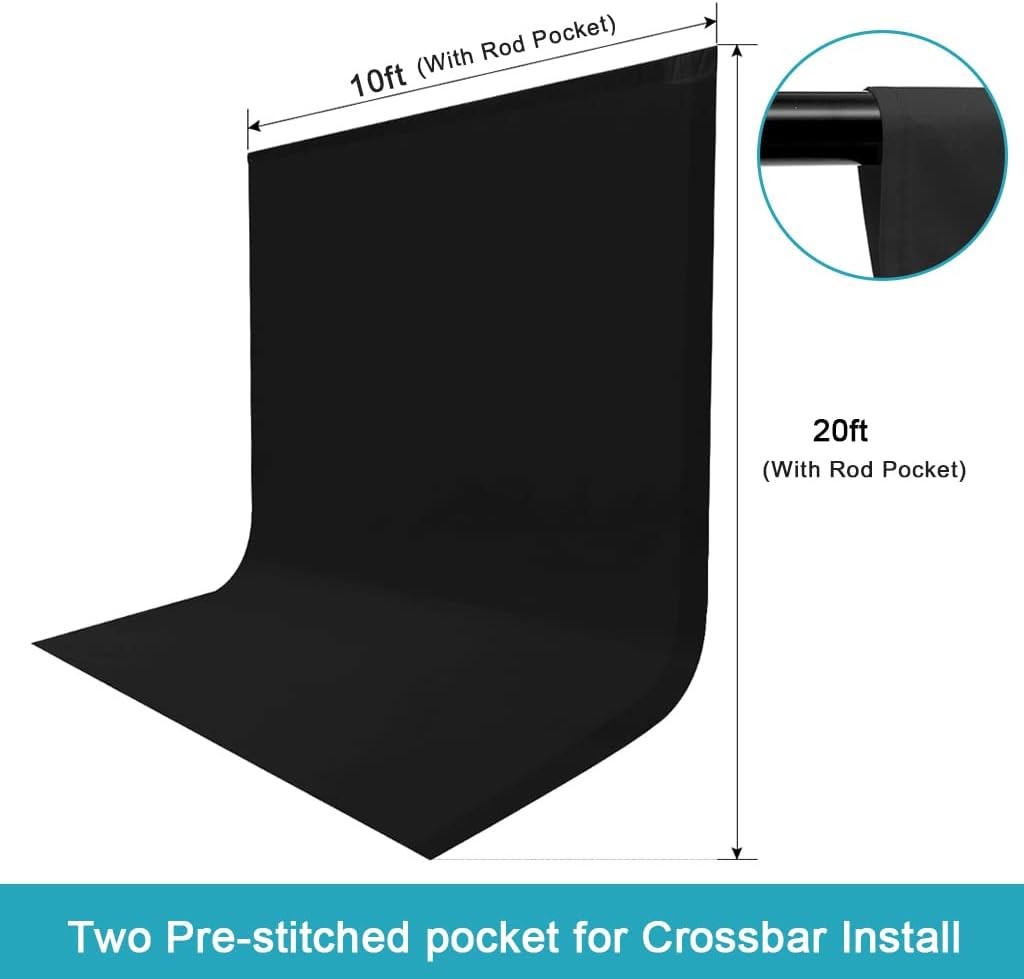 10x20ft Black Photo Backdrops for Photography, 2 Rod Pocket Backdrops Curtain
