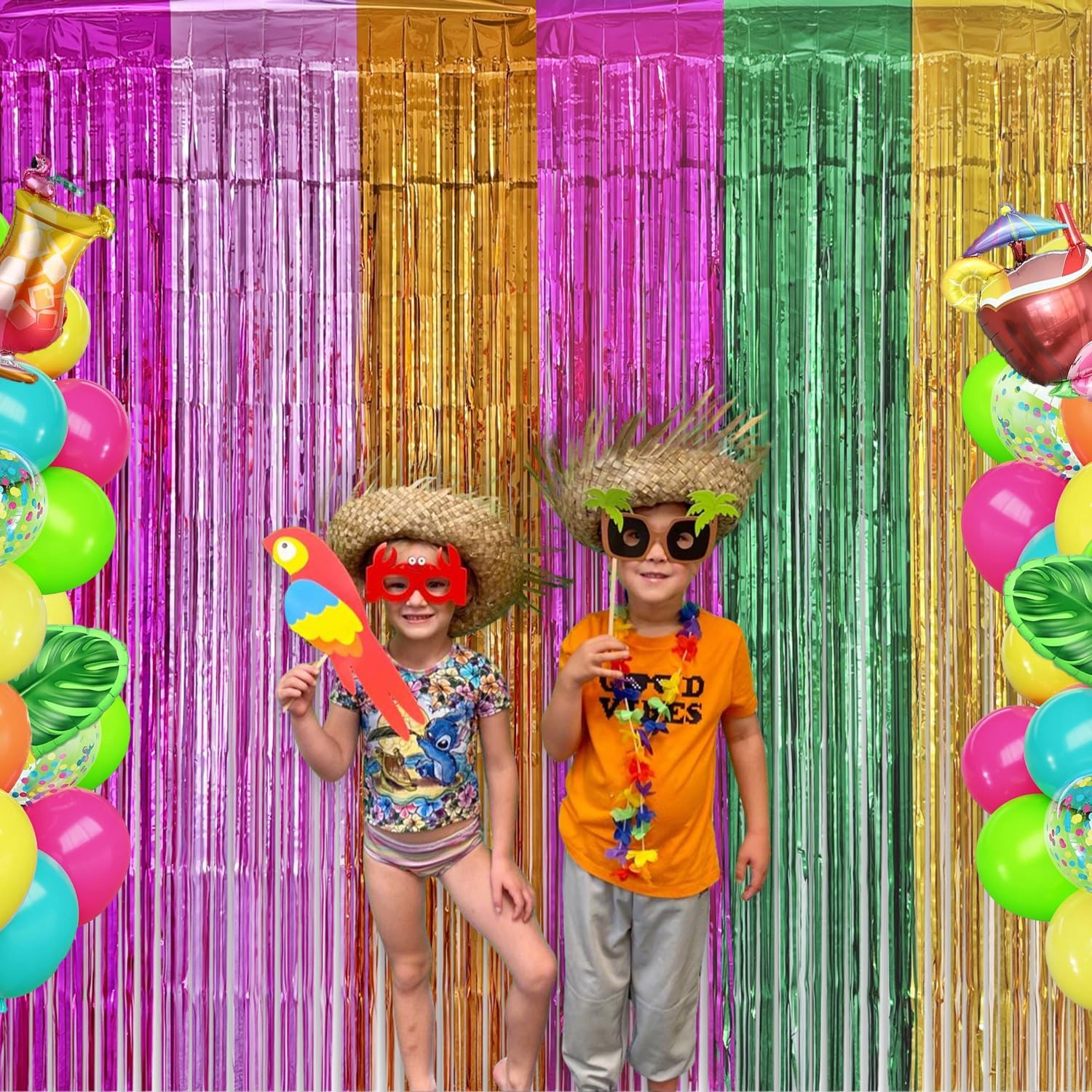 4 PCS Hawaiian Luau Party Decorations 3.28×6.56 Ft Foil Fringe Curtains