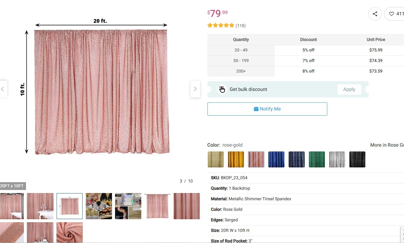Backdrop 20ft x 10ft Rose Gold Metallic Shimmer Tinsel Curtain