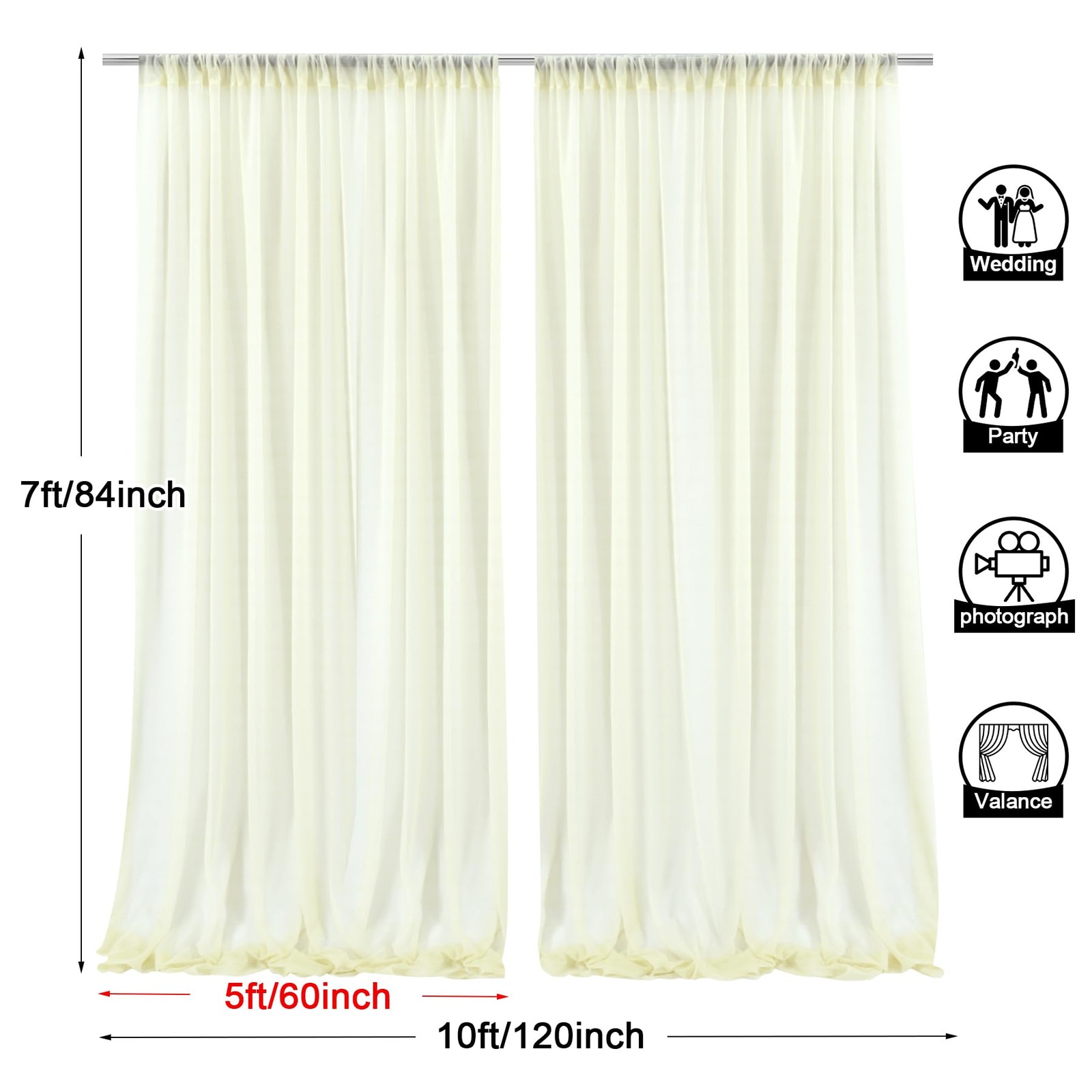 10×7 Feet Ivory Chiffon Backdrop Curtains Wedding Photo Drapes 5×7 2 Panels