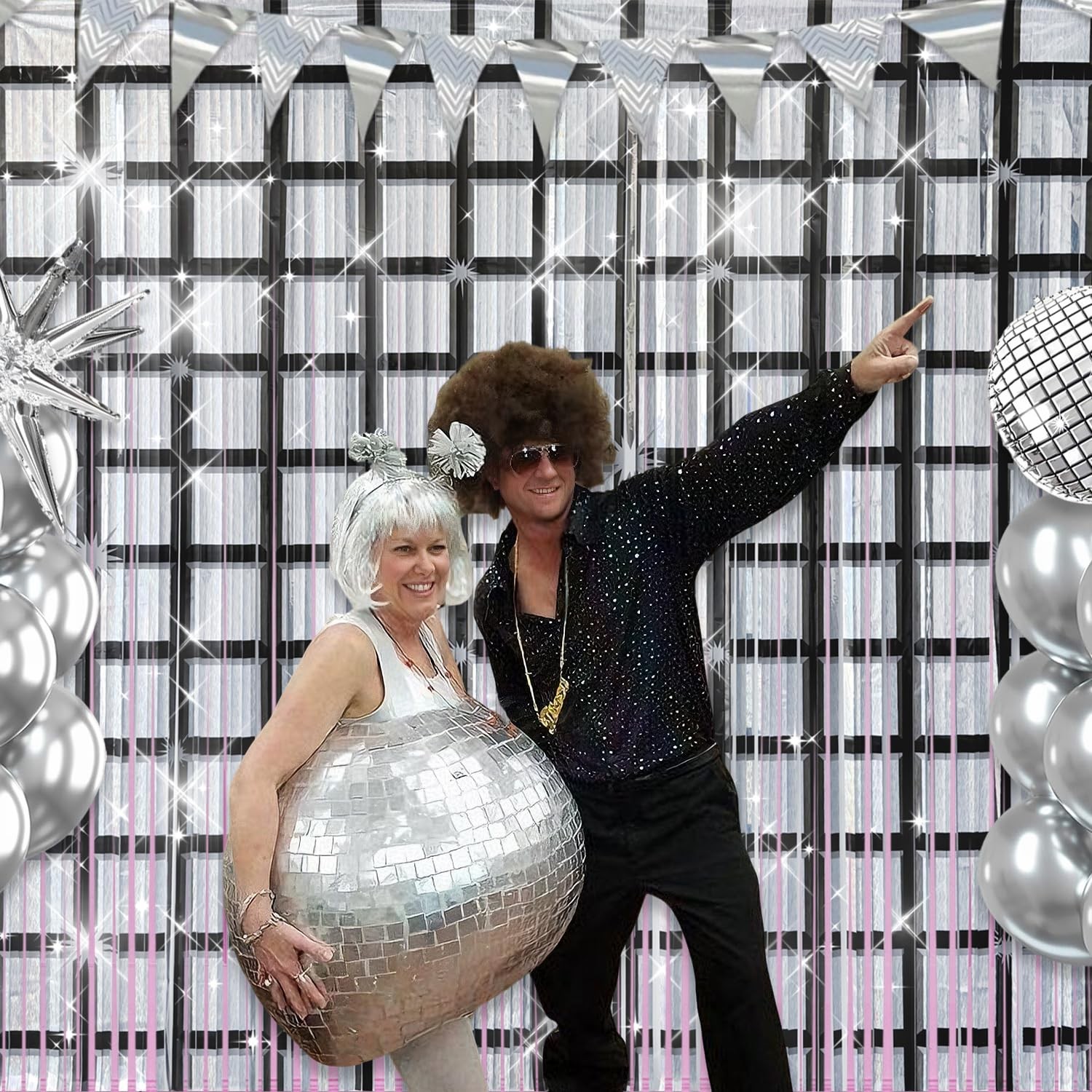 2 Pack Black Silver Foil Fringe Curtains Disco Theme Party Backdrop Props