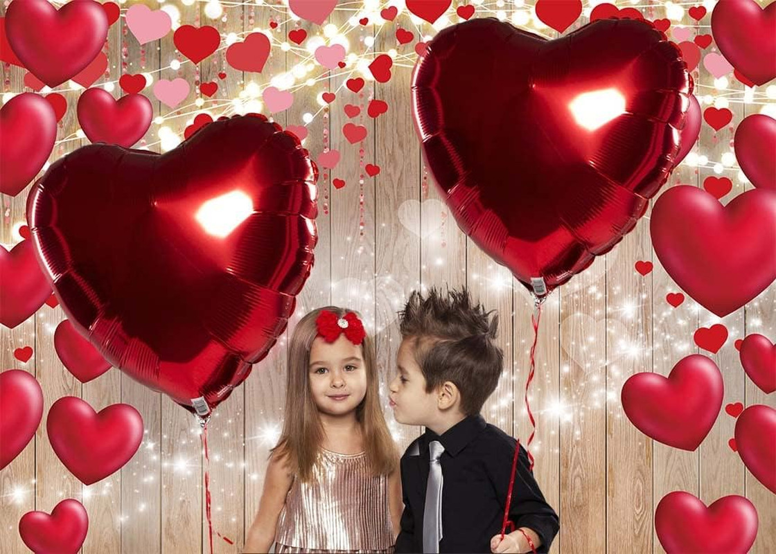 Valentine’s Day Photography Backdrop Rustic Wood Glitter Lights Red Love Heart..
