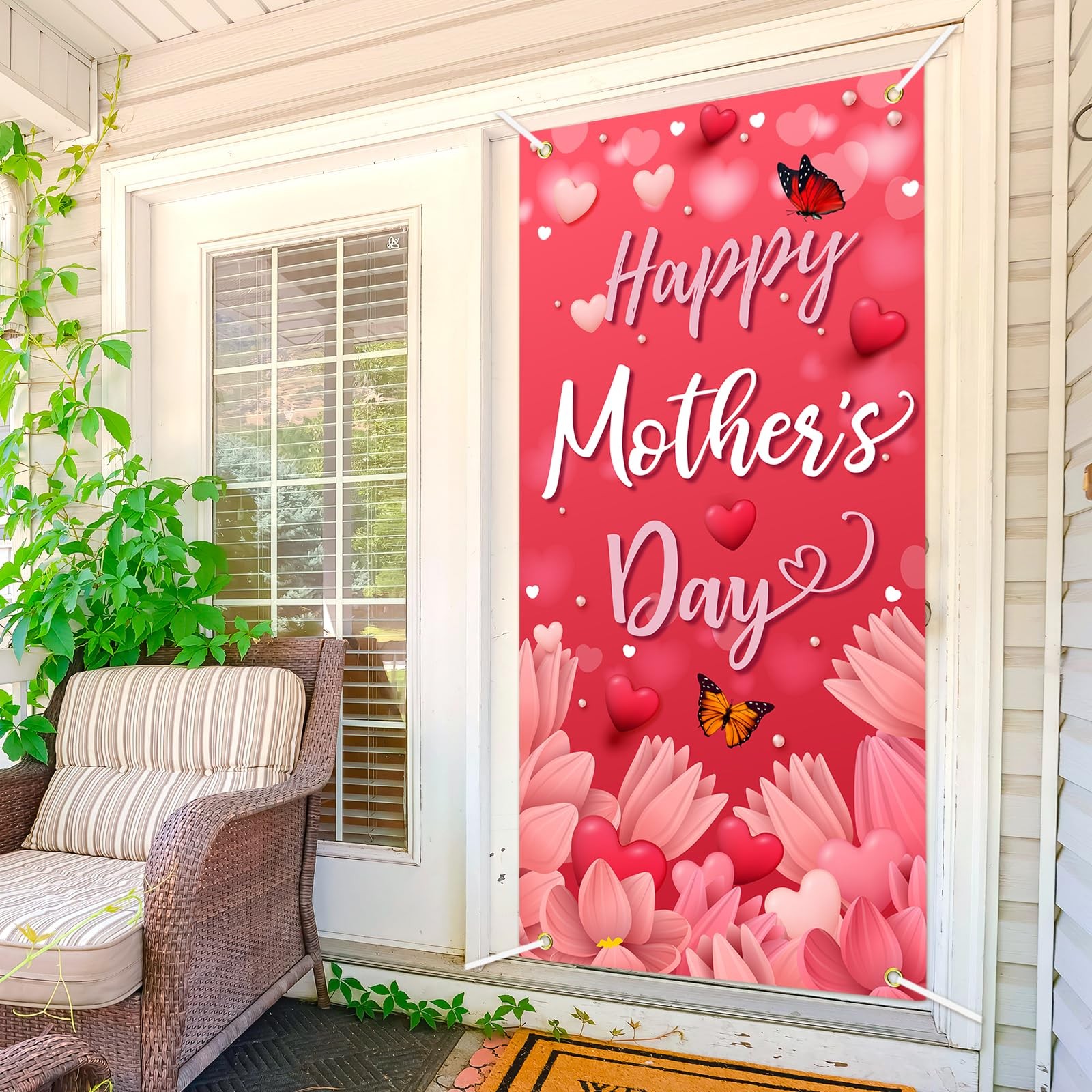 Happy Mother’s Day Door Cover Pink Heart Flowers Mom Gifts for Indoor Decoration