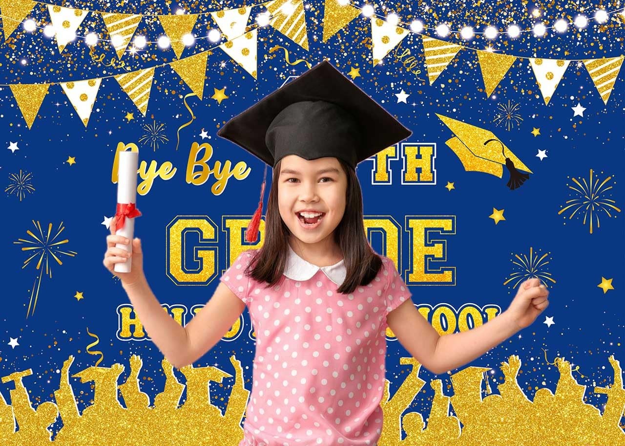 8×6 FT Bye Bye 8th Grade High School Backdrop Blue Gold Class Of 2025