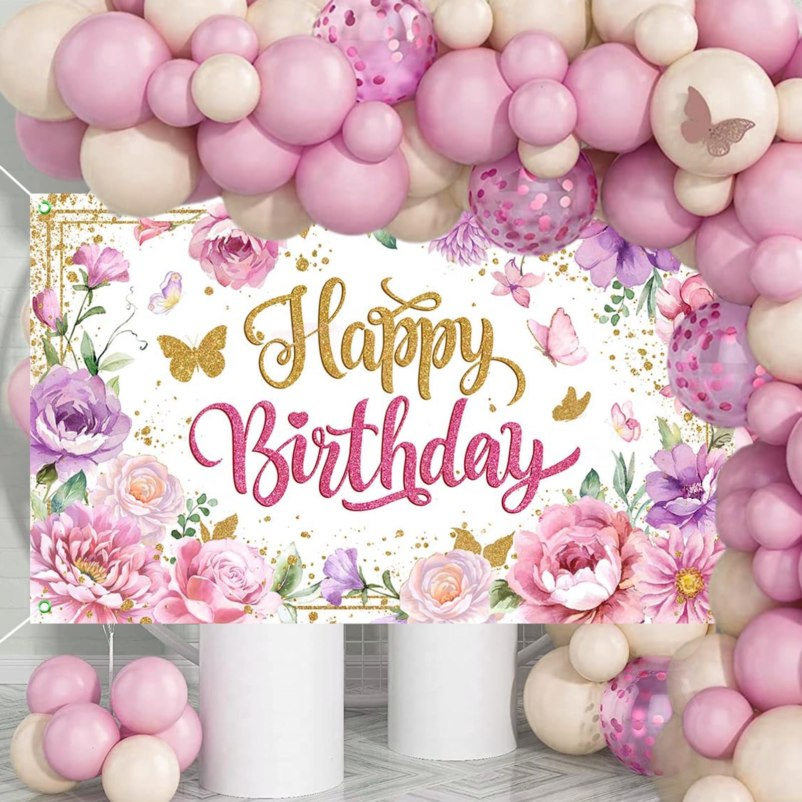 Happy Birthday Backdrop for Women Pink Floral Happy Birthday Party Decorations..
