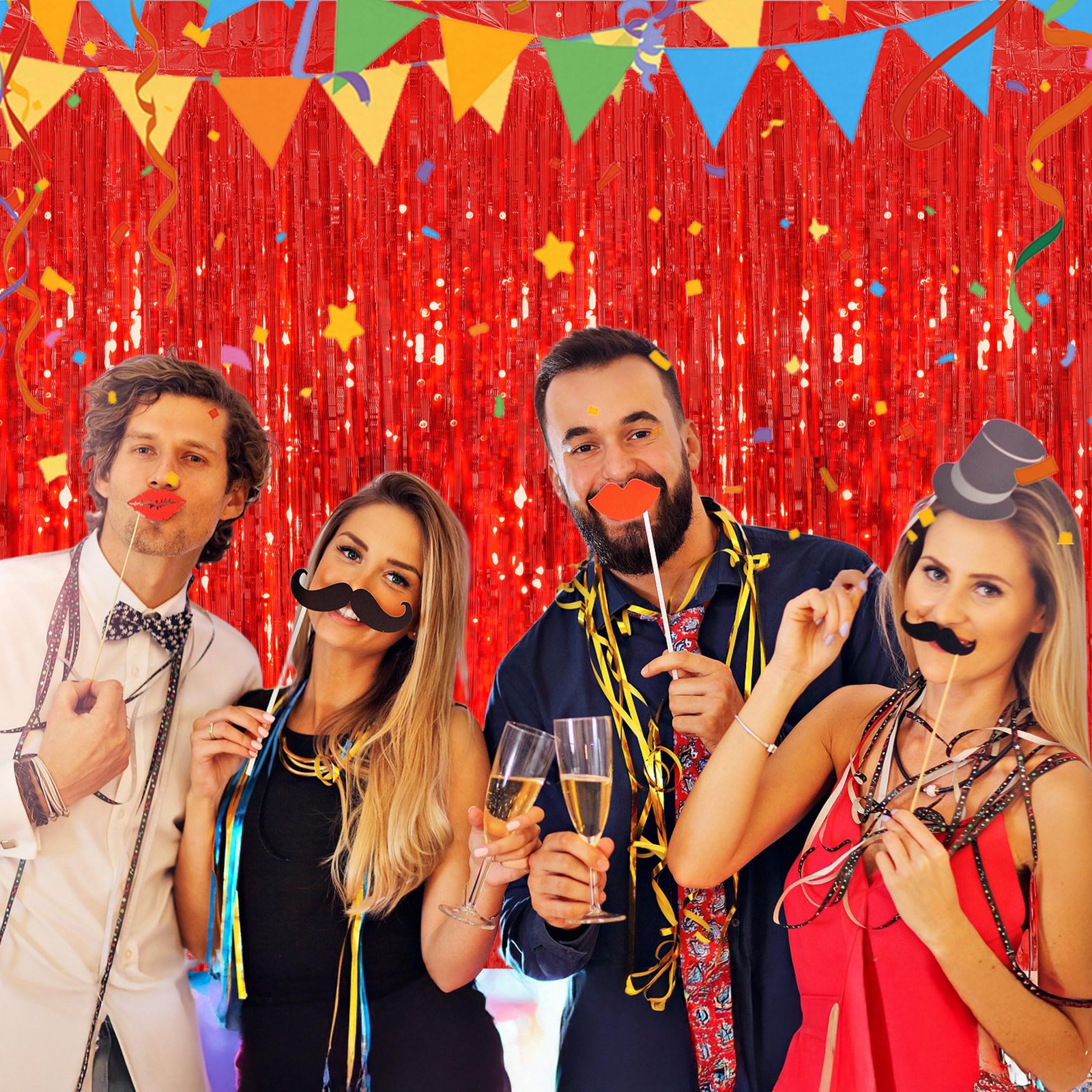 5 PCS Red Tinsel Backdrop 3.28×6.56 FT Glitter Foil Fringe Curtain Party