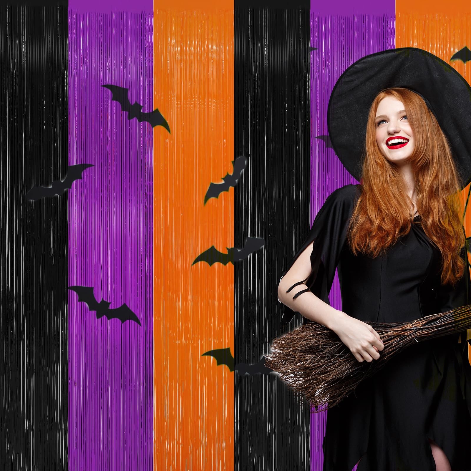 2 Pack Orange Purple Black Halloween Party Decor Foil Fringe Backdrop Curtains