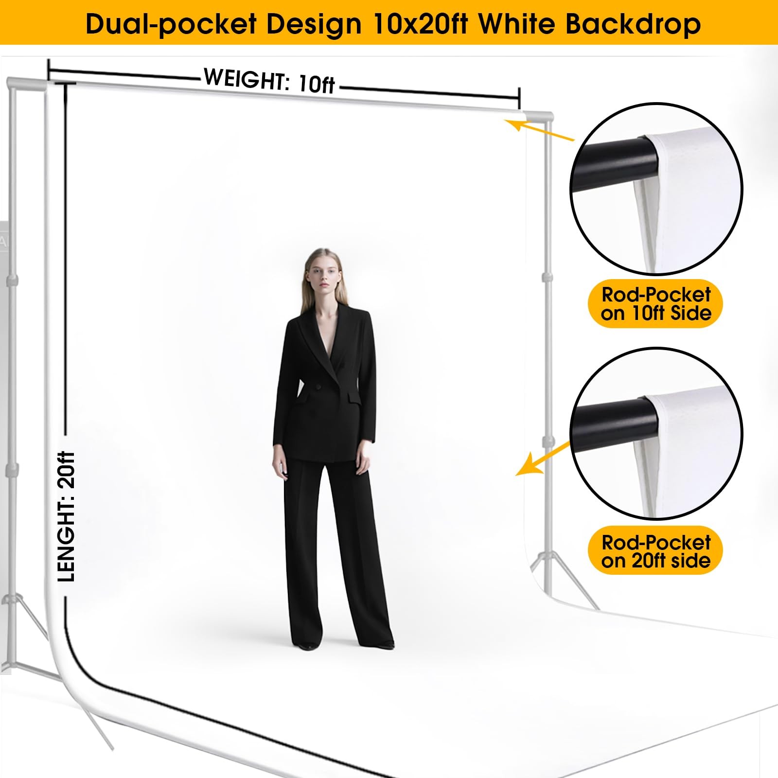 10x20ft White Backdrop for Photography, Dual-Size Dual-Pocket Design Photo Bo…