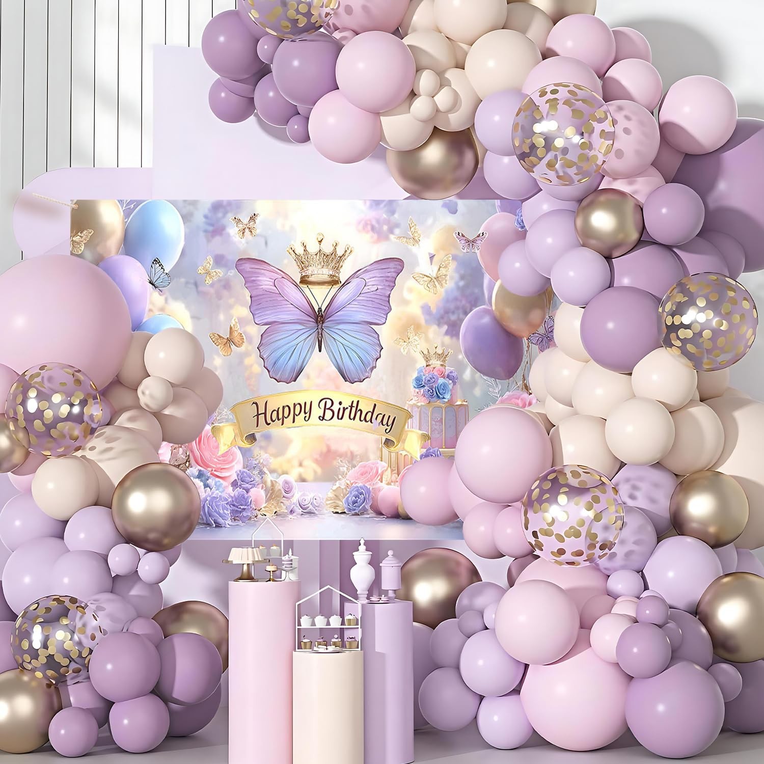 Butterfly Birthday Decorations Backdrop for Women Purple Happy Birthday Banner..