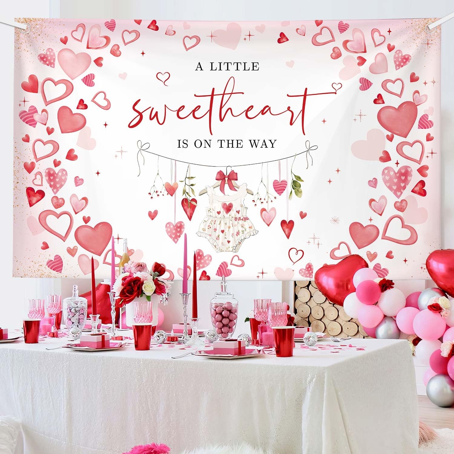 Sweetheart Baby Shower Backdrop Girl Red Hearts Photography 6×3.6 Feet