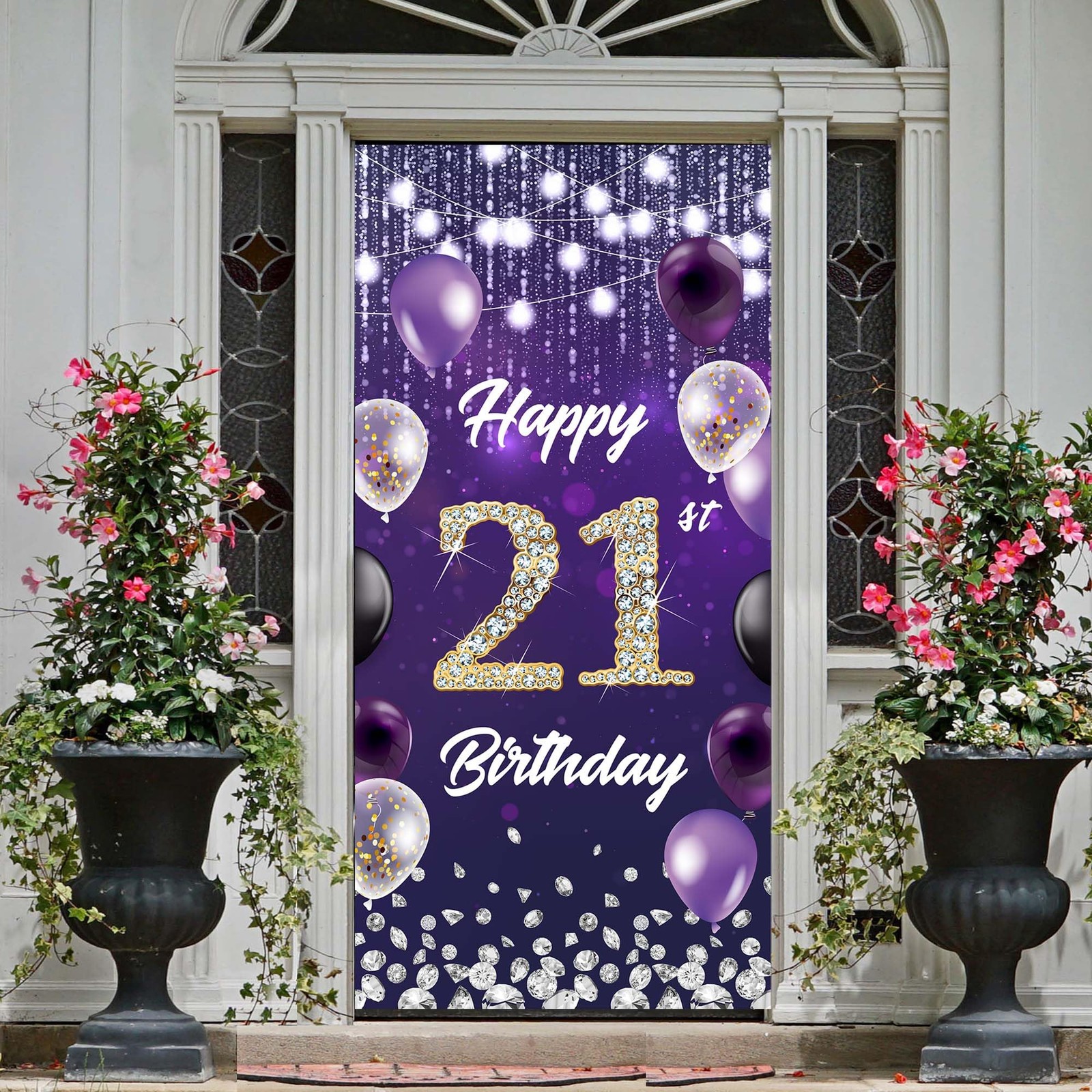 Happy 21st Birthday Backdrop Banner Purple Theme 2.95 feet x 5.98 feet, 21