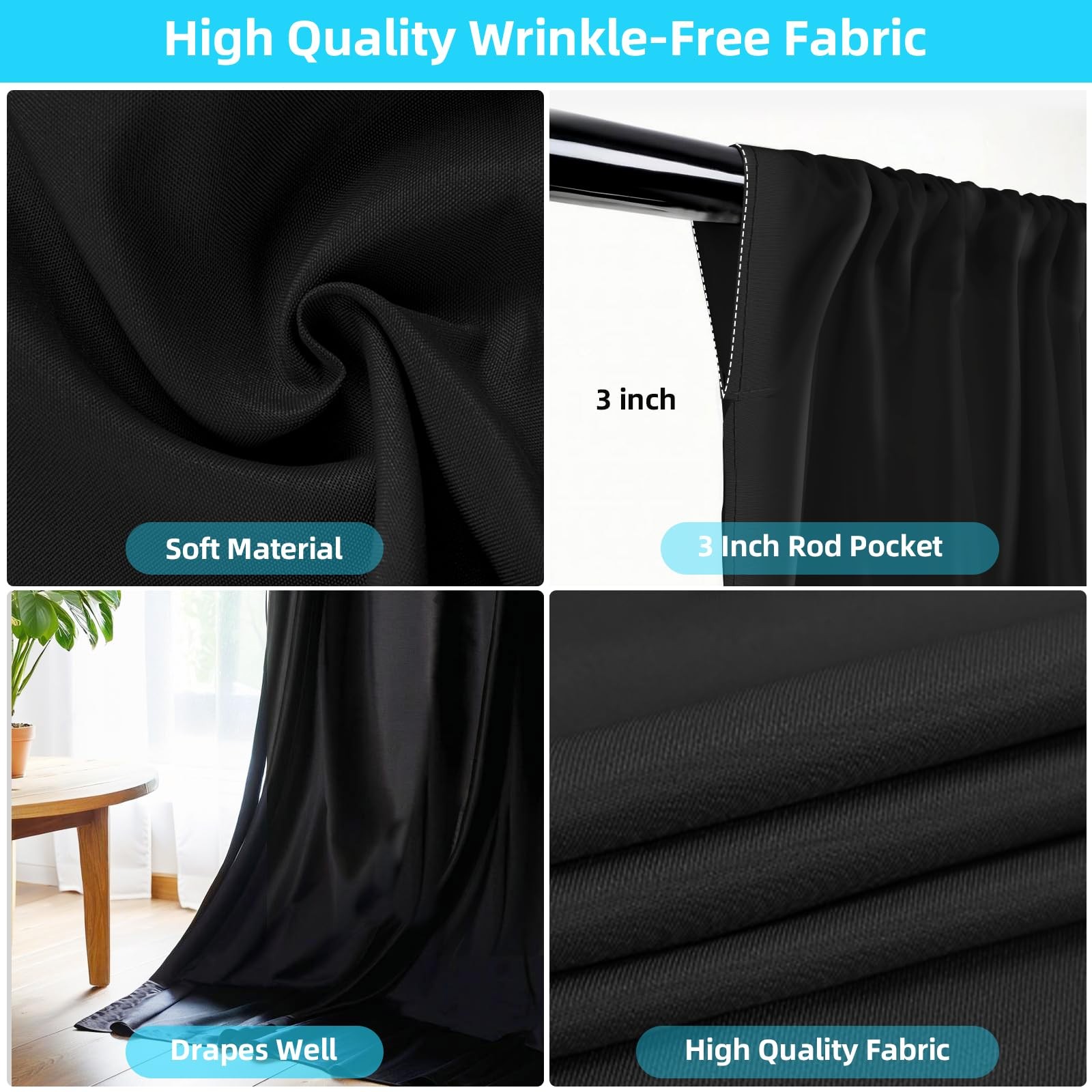 2 Panels 10x10ft Black Backdrop Curtain, Rod Pockets, Wrinkle Free, 5x10ft Each