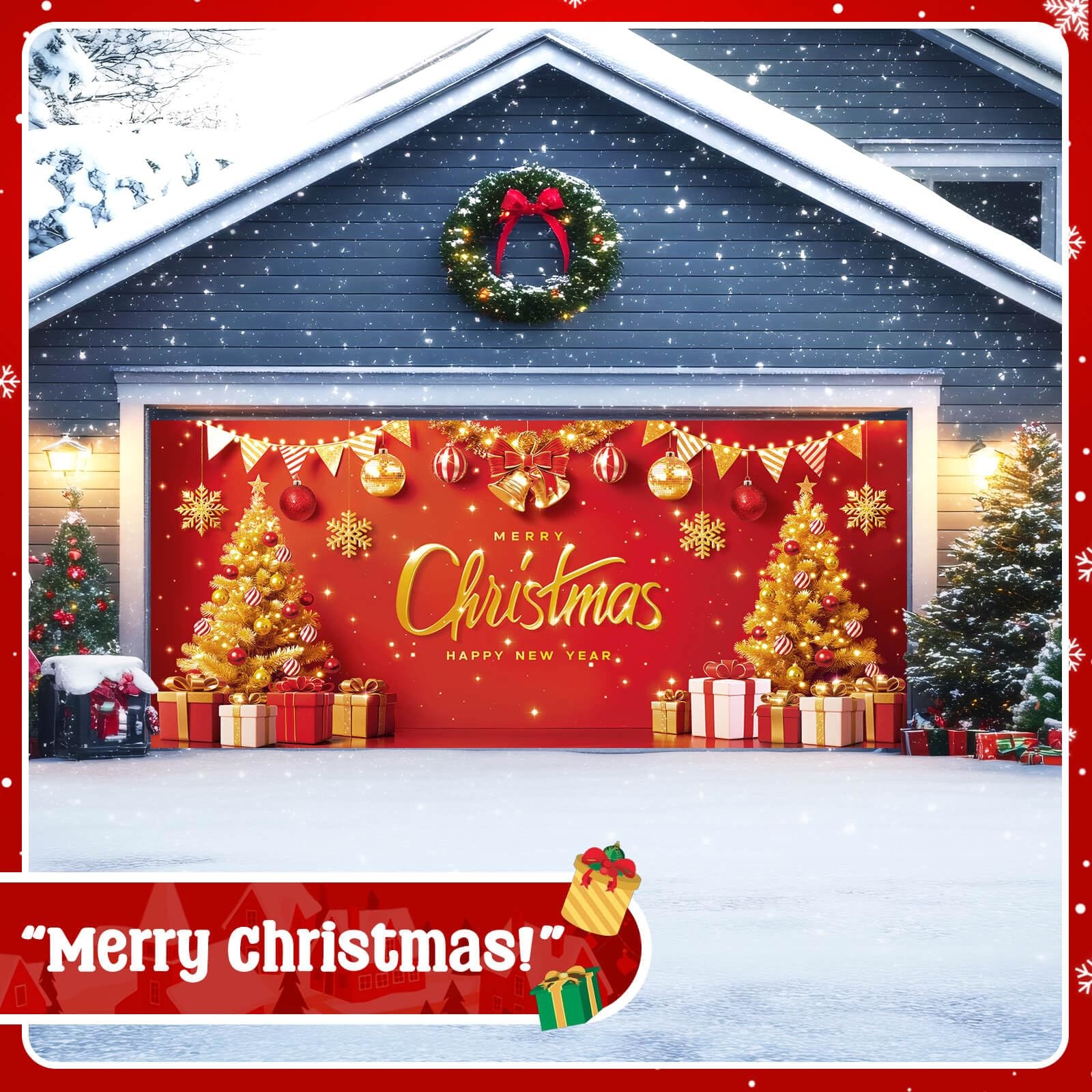 YUSPENYE Christmas Garage Door Cover Decor, 7x16ft Outdoor Party Backdrop