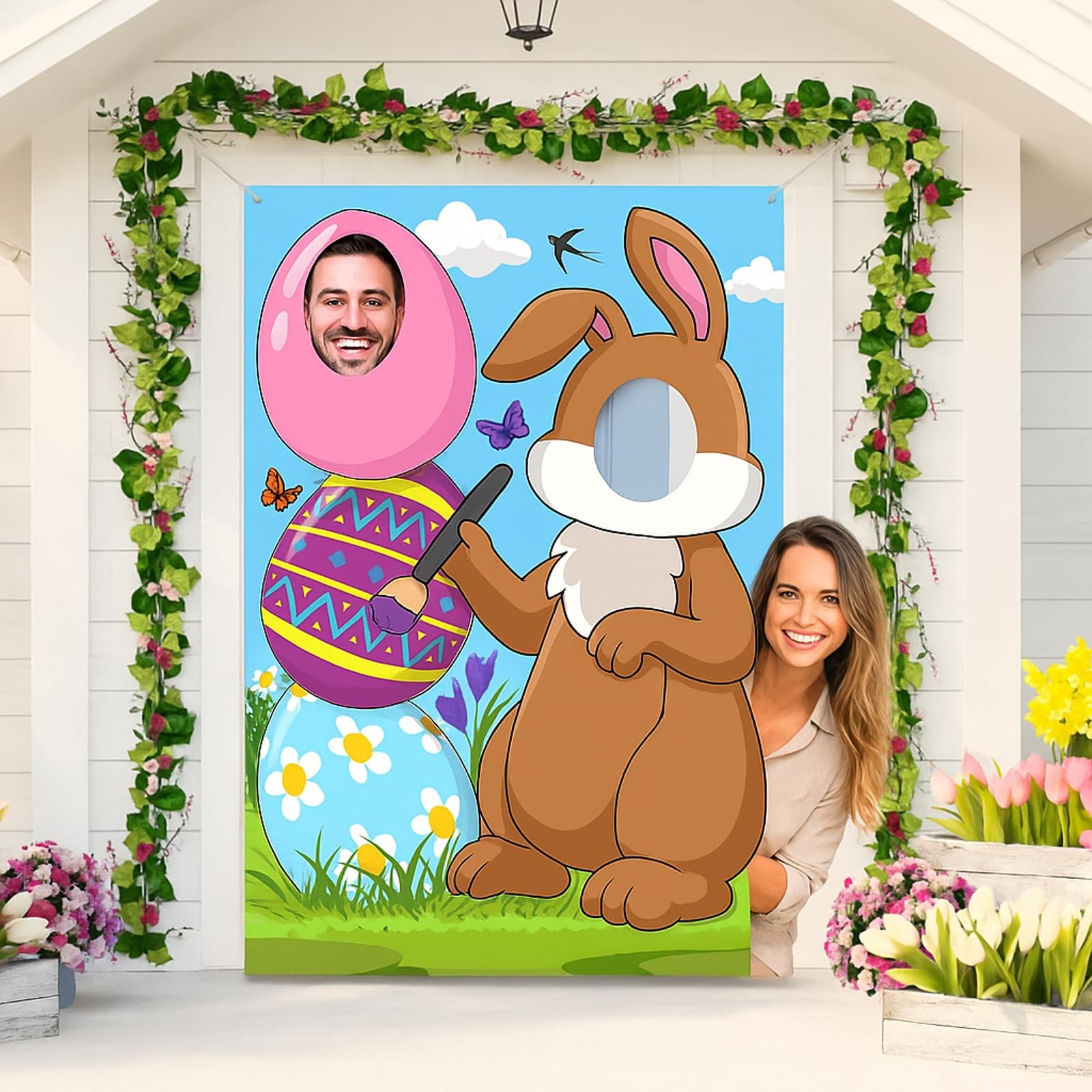 Easter Bunny Photo Door Banner, Large Fabric, Happy Easter Photo Props, Egg B…