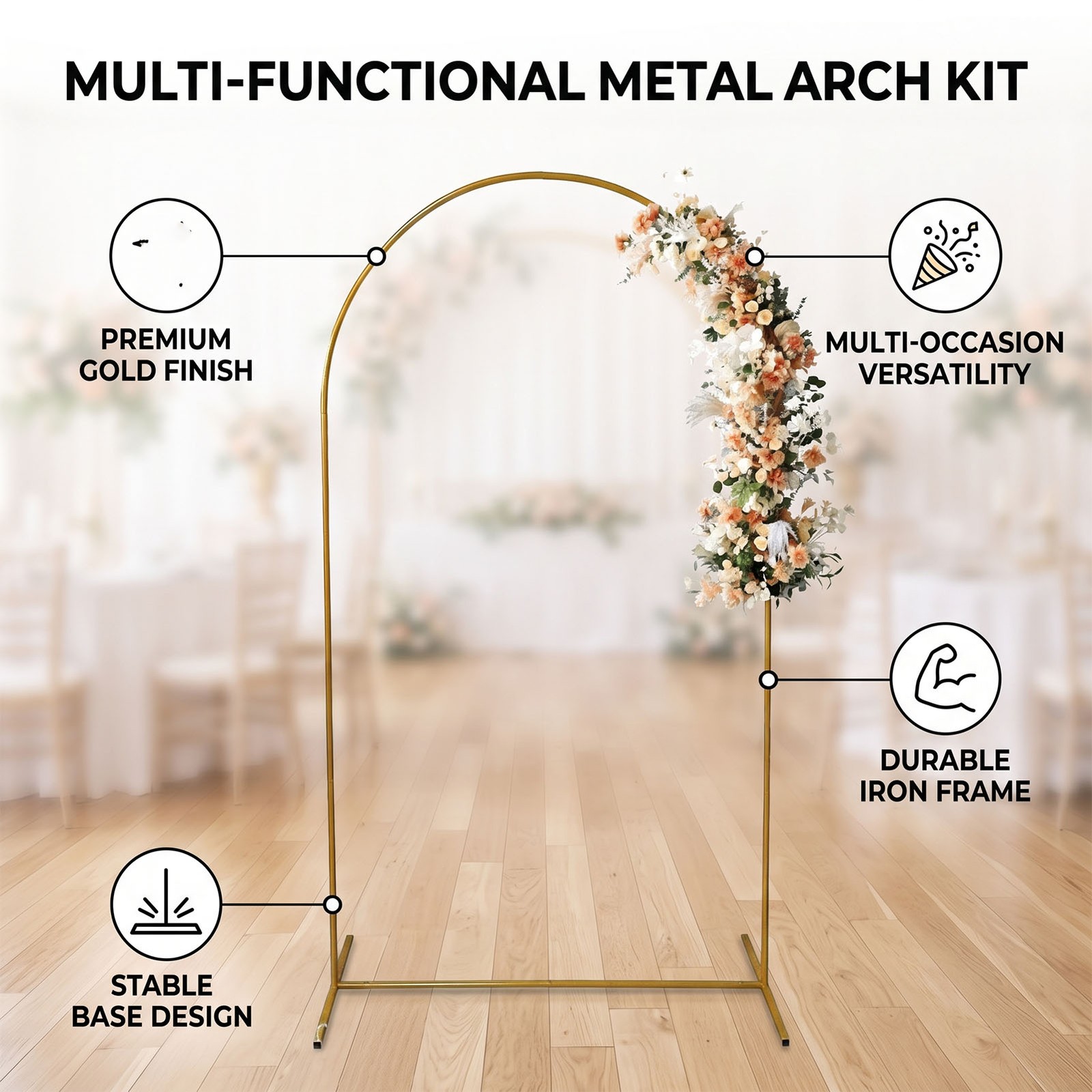 Gold Iron Arch Frame For Weddings & Parties Durable Metal Support (0.65*1.5m)