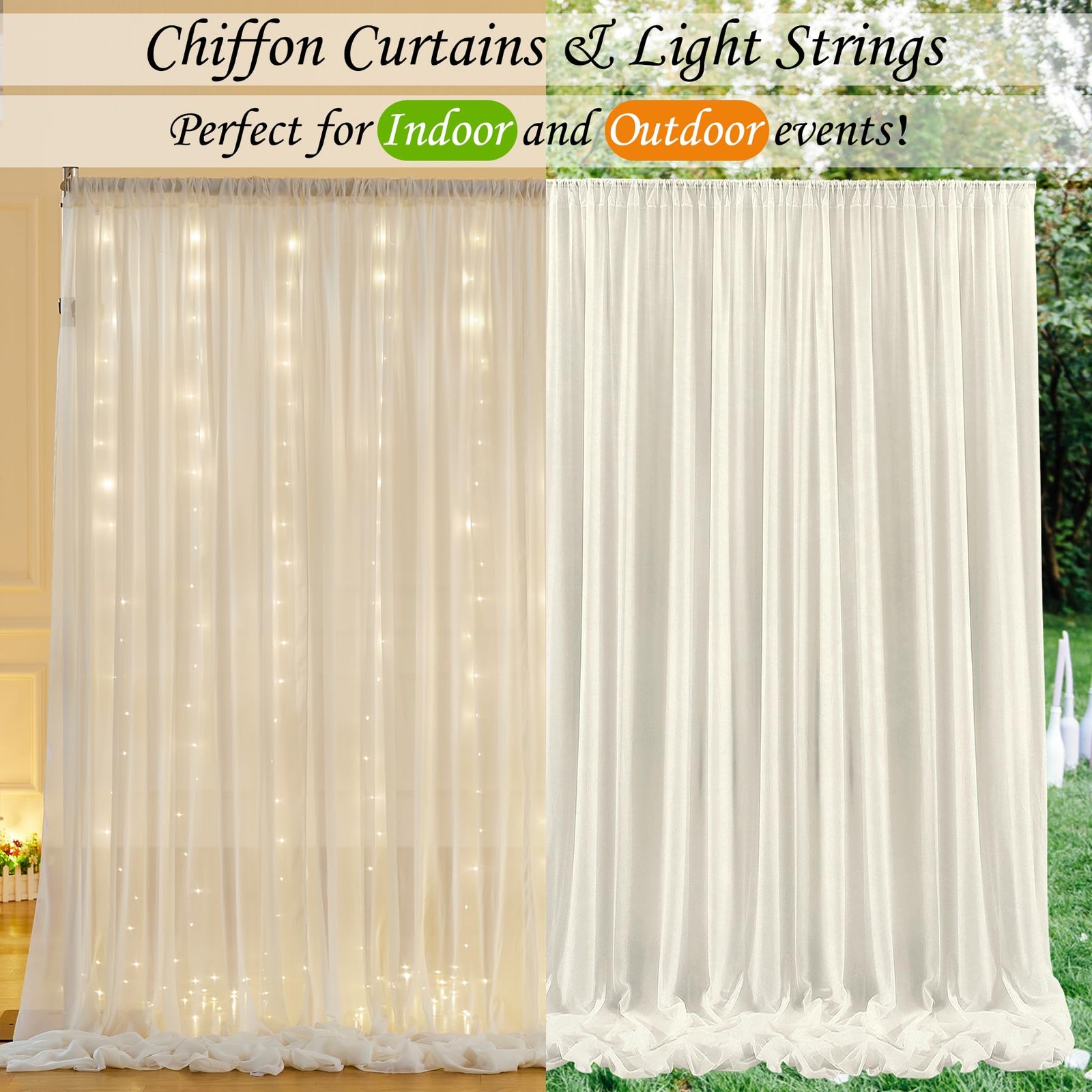 Ivory Chiffon Backdrop Curtain, 10x10ft, Lights String, Wrinkle Free, Wedding